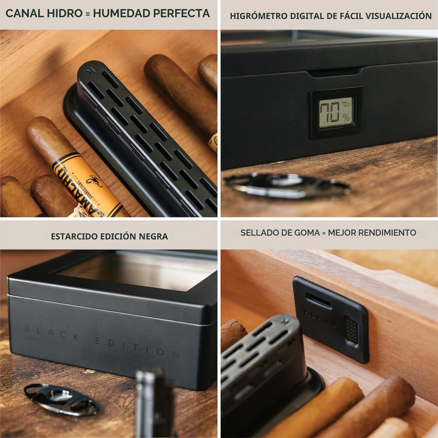 CASE ELEGANCE Humidor MAG, parte superior de vidrio con sello magnético, almacenamiento para 20-30 cigarros, negro mate con herrajes negros pulidos personalizados, higrómetro digital, negro