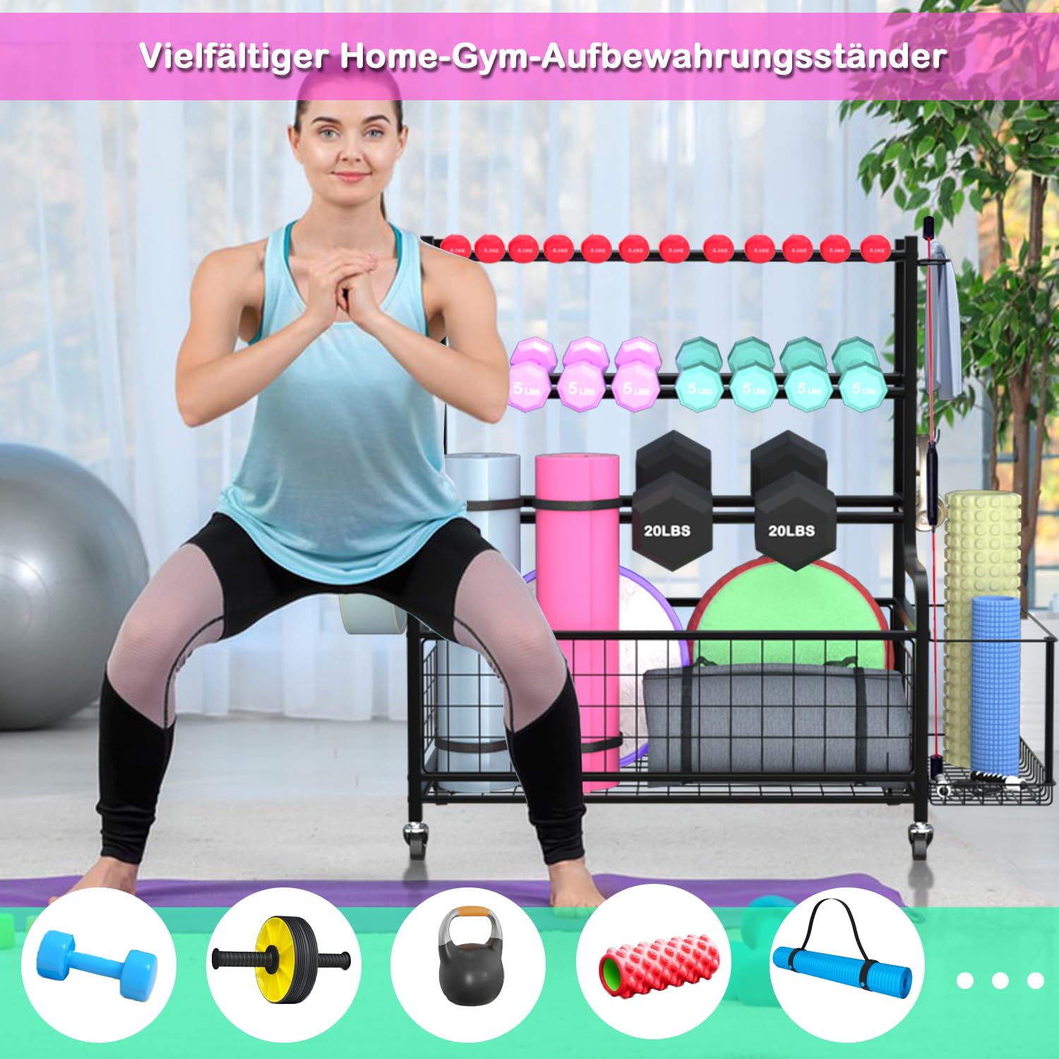 Stojak na hantle – bardzo stabilny stojak na ciężarki do domu i studia fitness – regał z rolkami i haczykami – uchwyt na hantle, hantle kulowe, bloki do jogi + mata – organizer fitness