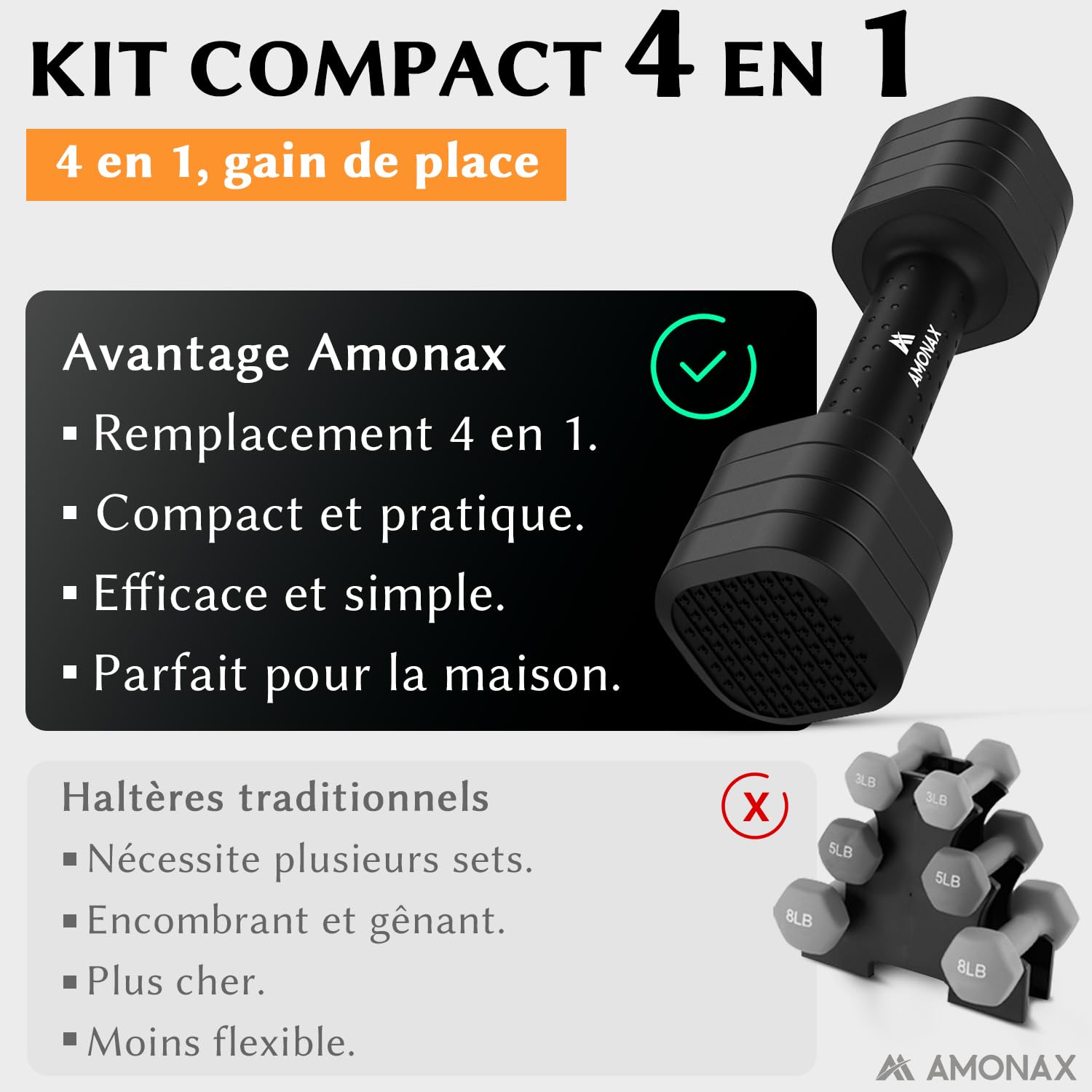 Amonax Haltères Réglables 4 En 1, Kit De Poids 1kg à 2.5kg, Alteres Musculation Femme Et Homme, Dumbbell Set Compact Pour Entraînement De Force, Fitness Et Poids Musculation à La Maison
