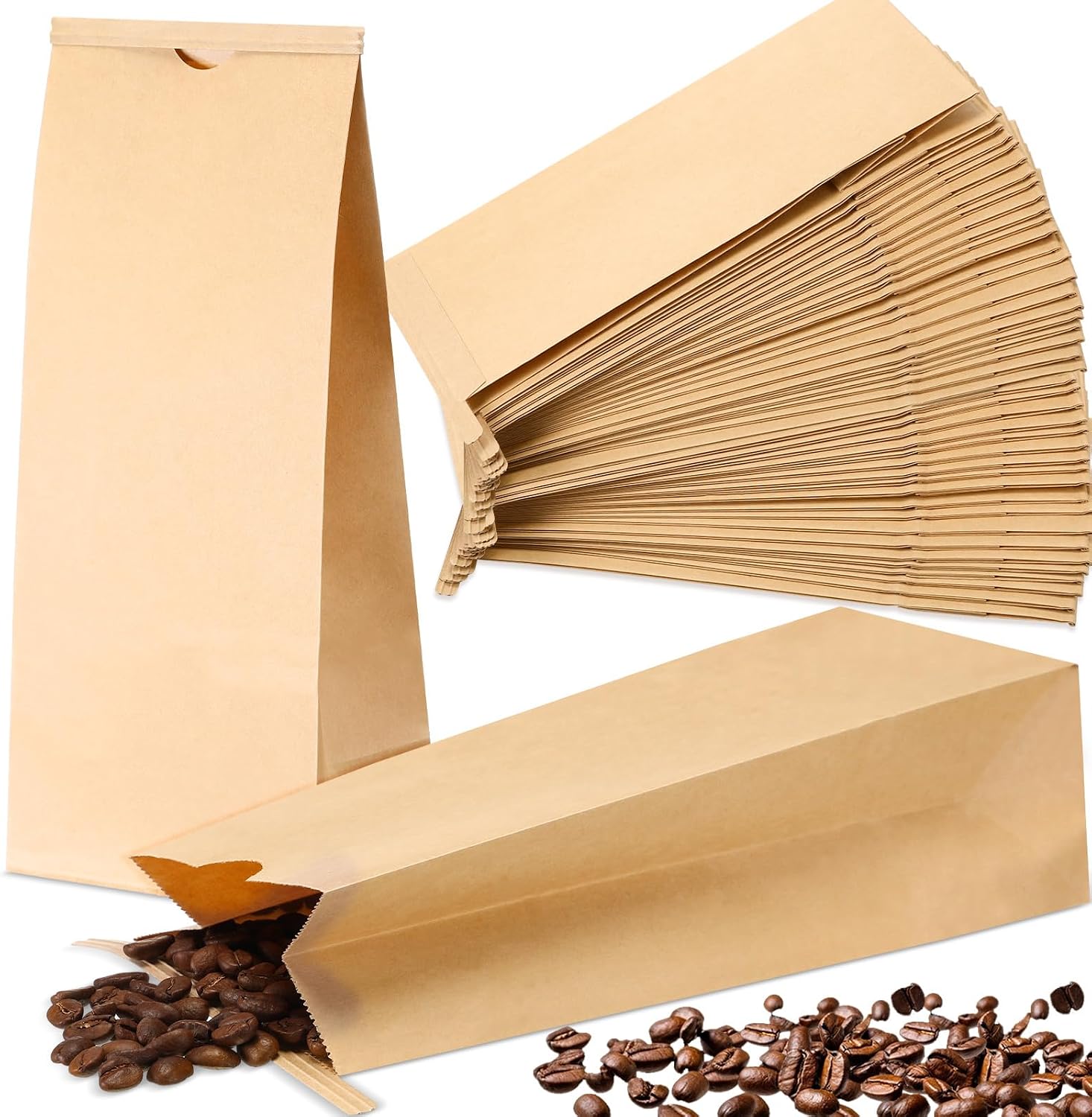 MotiMind 100 Pack 1/2 Pound Kraft Brown Coffee Bags Grease Resistant Resealable Kraft Tin Tie Poly-lined Bags