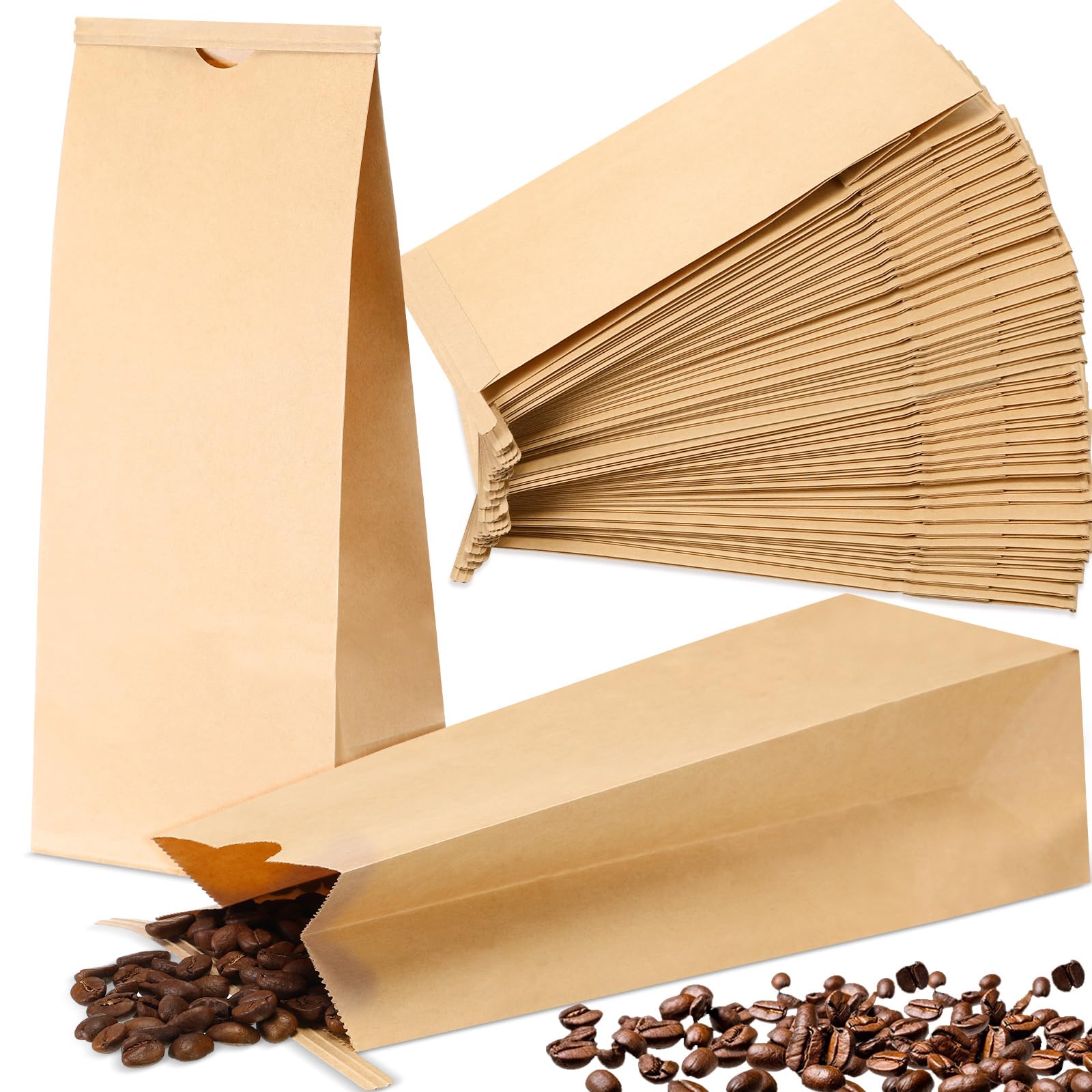 MotiMind 100 Pack 1/2 Pound Kraft Brown Coffee Bags Grease Resistant Resealable Kraft Tin Tie Poly-lined Bags