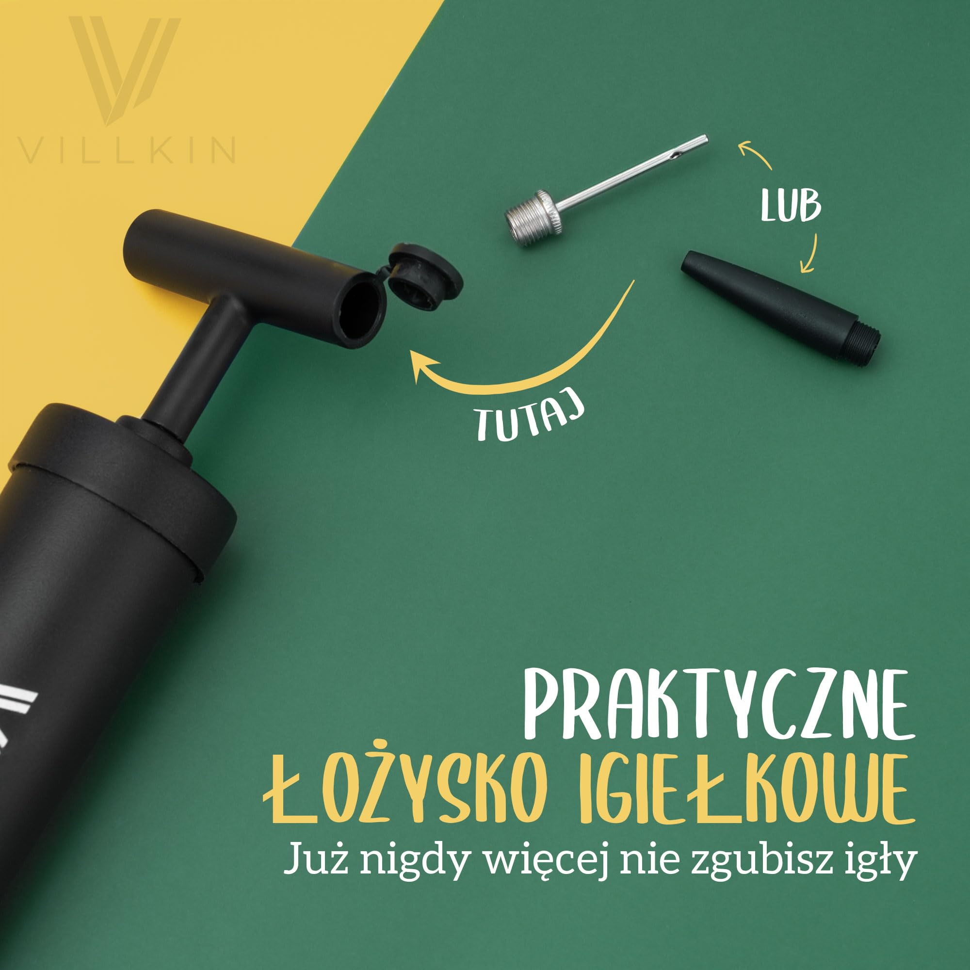 Villkin Pompka do piłek z komorą na igły – w zestawie 4 metalowe igły, 2 x igły z tworzywa sztucznego, 1 x elastyczny wąż – nadaje się do szybkiego pompowania piłki nożnej, koszykówki, piłki ręcznej