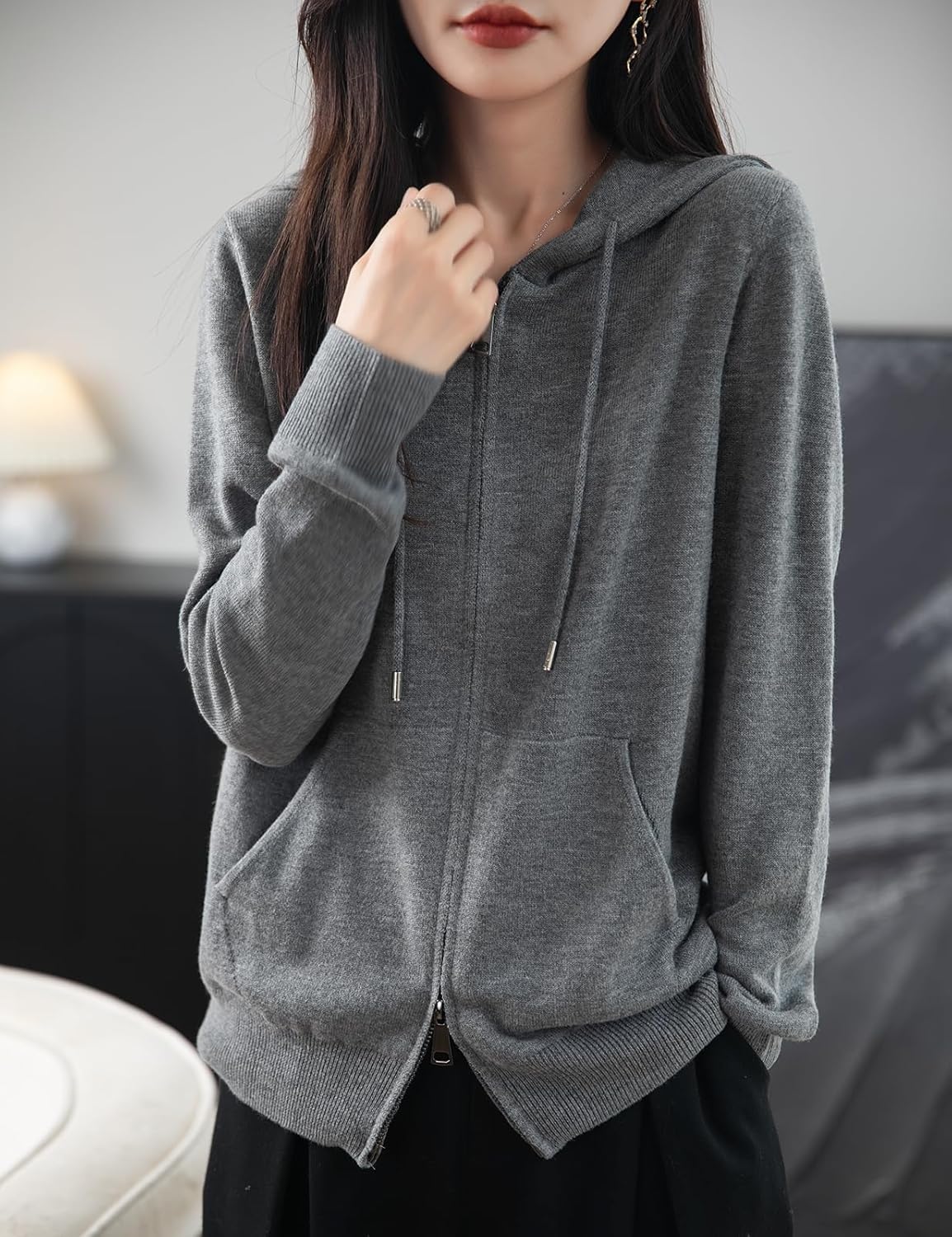 Women's Merino Wool Blend Cardigan 2025 Fall Winter Zipper Sweatshirt Crew Neck Long Sleeve Knit Hooded Cardigan - Image 3