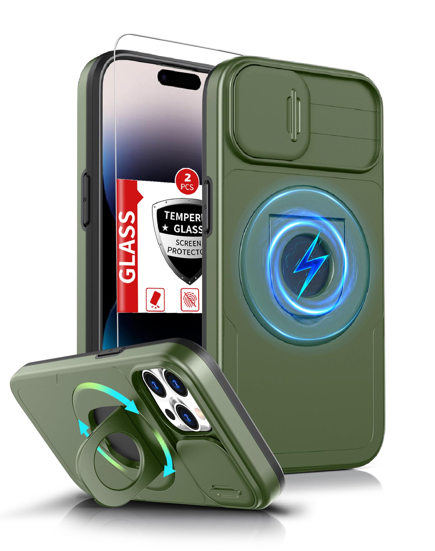 IYTRRYH for iPhone 14 Pro Max Case Compatible with MagSafe Magnetic,with 2 Screen Protector,with Camera Cover&360°Kickstand Ring,Military Grade Drop