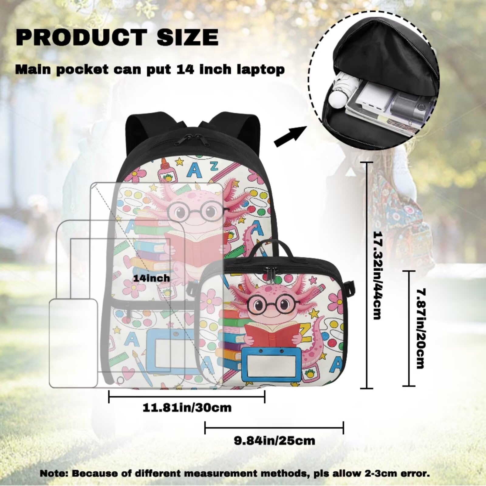 COEQINE Niedlicher Rucksack für Kinder, Schultasche, 5-teiliges Büchertaschen-Set mit Lunchbox, Federmäppchen, Schlüsselanhänger für Teenager von 6–12 Jahren, Axolotl Buntes Schulbuch, M, Designer