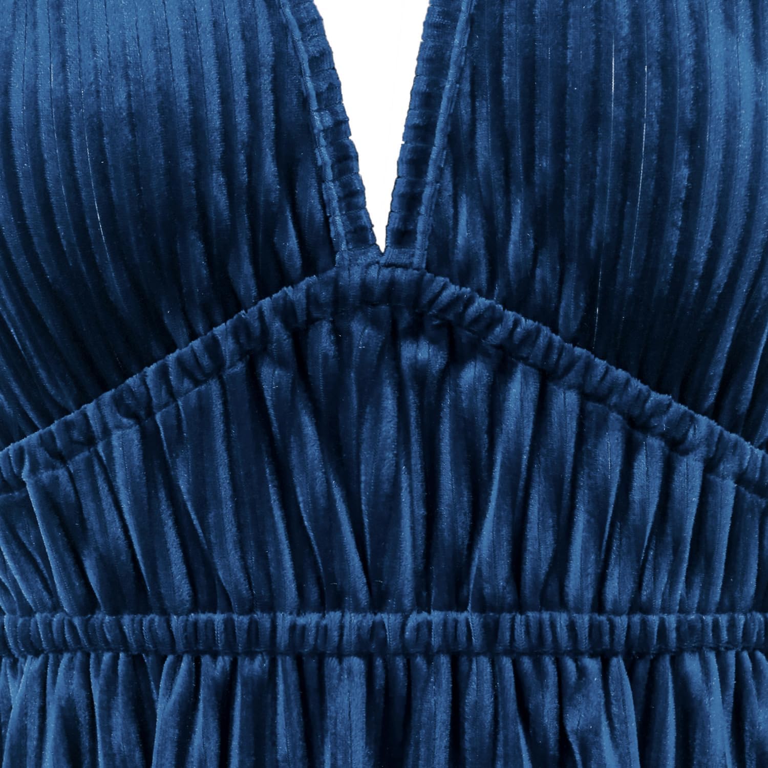 R.Vivimos Women's Fall Winter Velvet Dress Puff Sleeve Sexy Deep V Neck Elastic High Waist A-Line Elegant Casual Midi Dress - Image 5