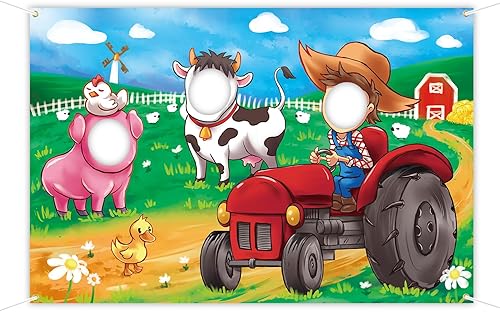 Telón de fondo de animales de granja, 5 x 3.3 pies, accesorios de fotos con recortes de cara de granjero de vaca, granero rojo, molino de viento,