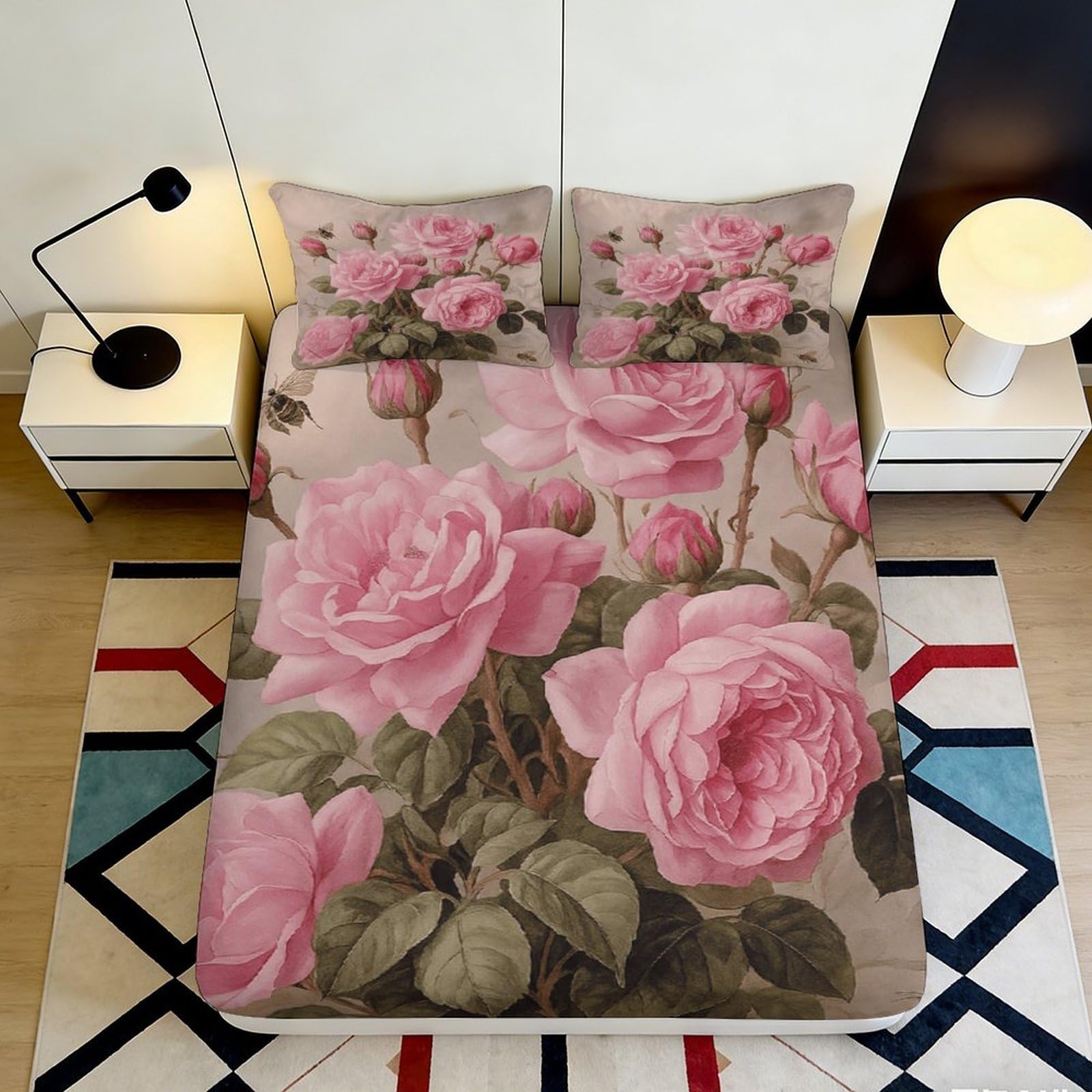 Jwndfkpvxzgl Style-8 3D Printed Pink Rose Fitted Sheet Microfiber Soft Non-Slip Blossom Bed Cover For Bedroom Guestroom Easy Care Decor 90X200x25cm