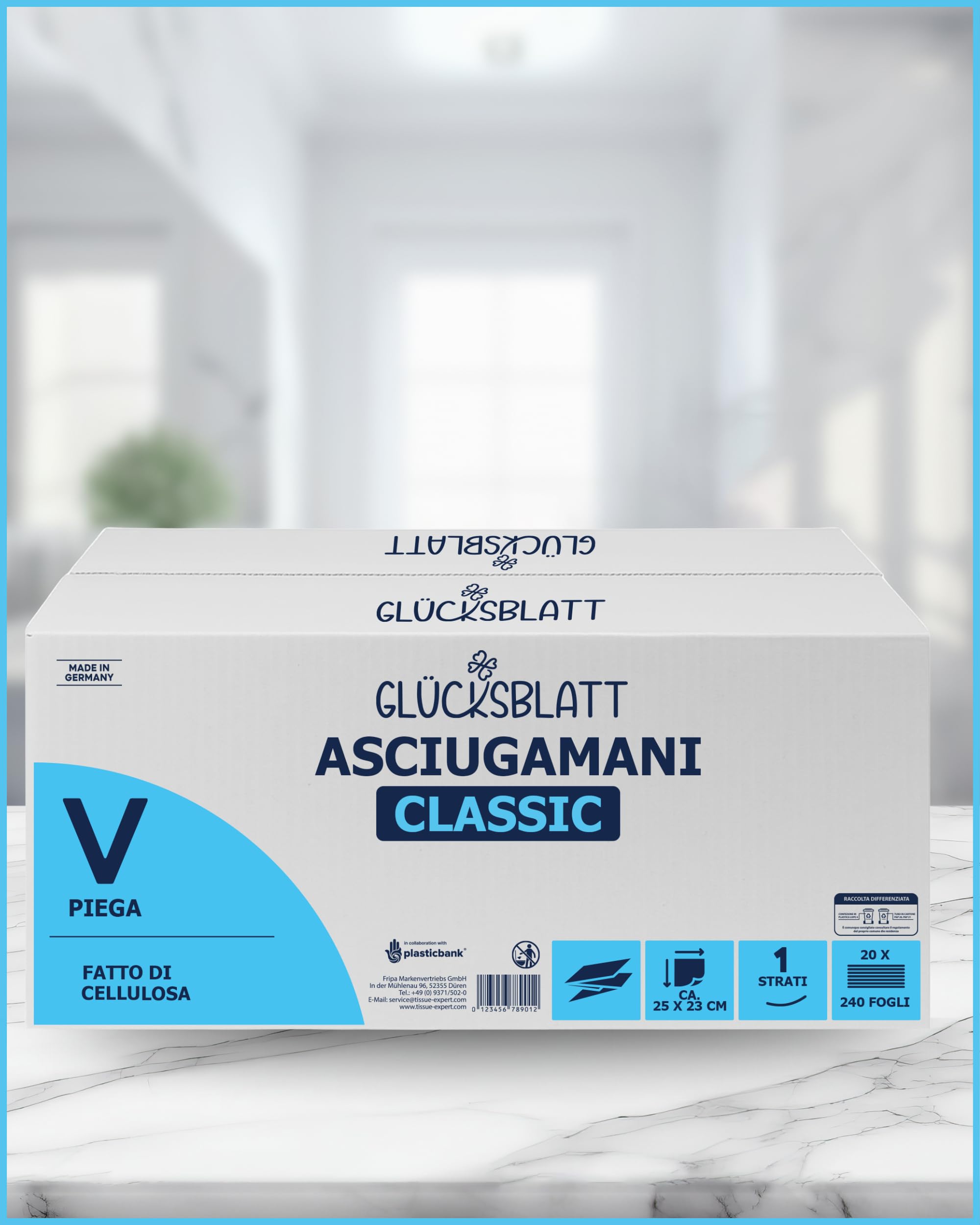 Glücksblatt Asciugamani di carta, 4800 fogli, 1 strato, 25 x 23 cm, piegati a V, in cellulosa, asciugamani di alta qualità, adatti per dispenser, carta asciugamani bianca, monouso