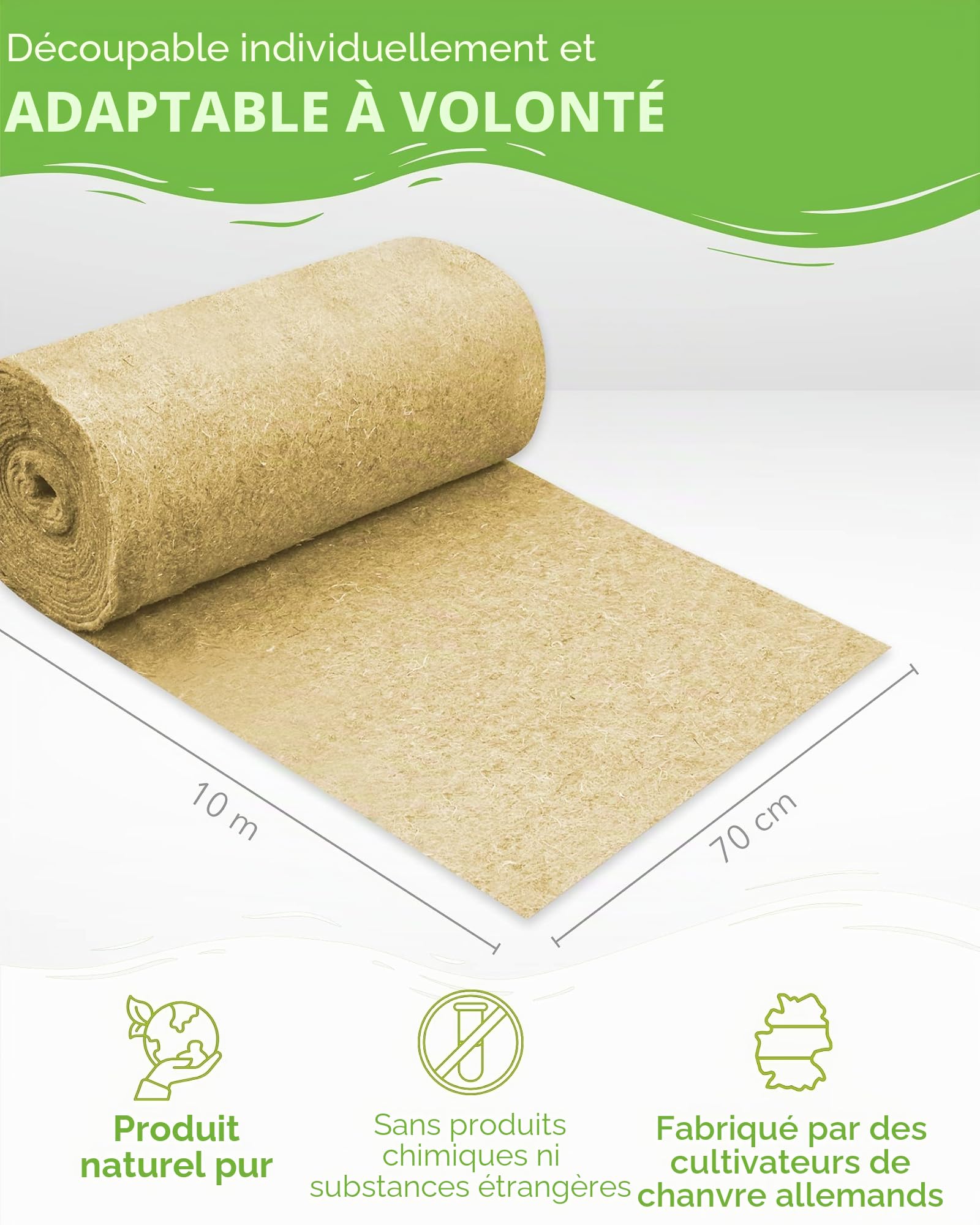 Tapis pour rongeurs 100 % chanvre sur rouleau de 10 m de longueur, 70 cm de largeur, 5 mm d'épaisseur