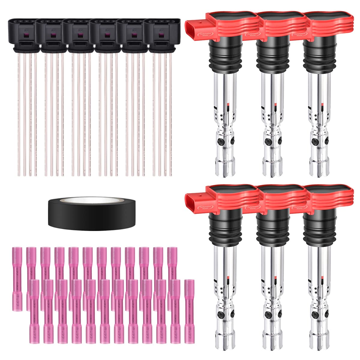 Set of 6 Ignition Coils Pack &amp; Pigtail Connector Wiring Harness Kit Compatible with 2002-2006 Audi A4 A6 Quattro 3.0L V6 Replacement for UF483 C1471 5C1470