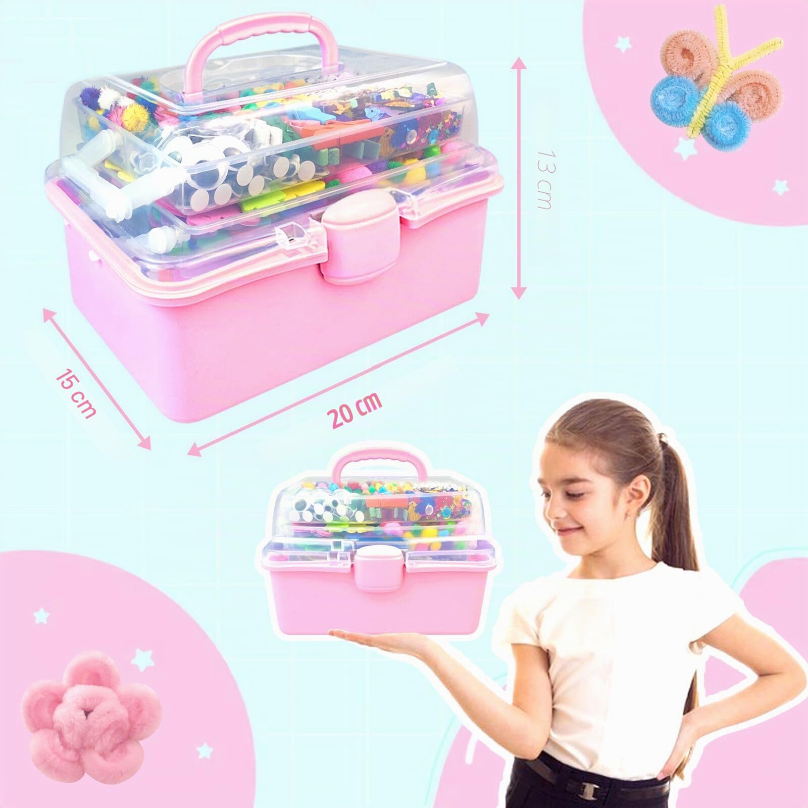 3000 Pièces Activites Manuelles pour Enfants, Boîte Bricolage Portable à 3 Niveaux avec Pipe Cleaners, DIY Activité Manuelle Kits de Loisirs Créatifs Cadeaux pour Enfants Filles Garçons 4-8, 8-12