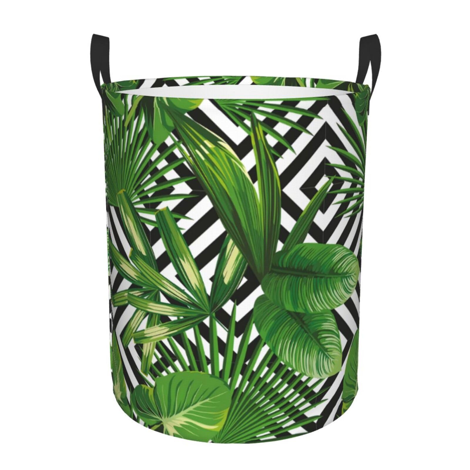 S Collapsible Round Green Leaves of Palm Tree Tropical Plant Print Laundry Hamper