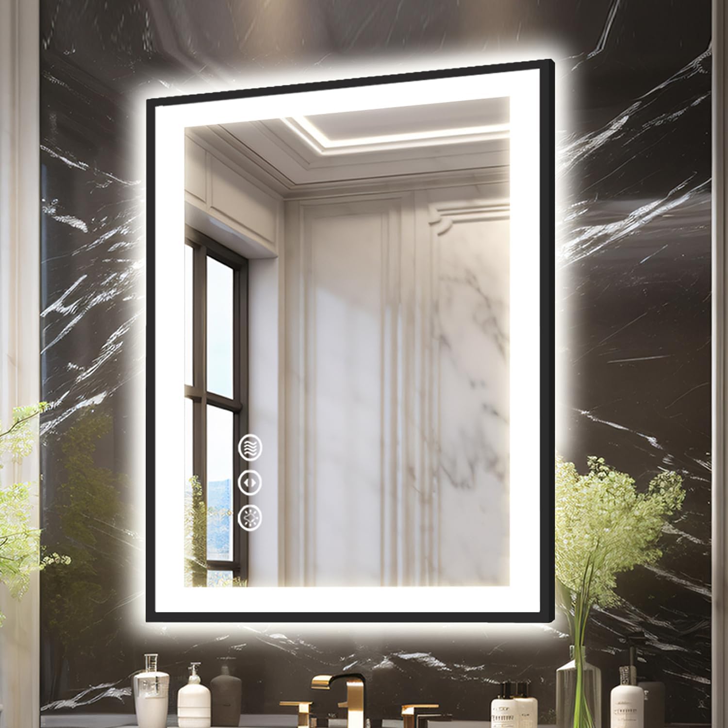 20x28 Light up Bathroom Mirror,LED Vanity Mirror,Black Framed,Backlit + Front Lit,3 Colors Dimmable,Anti-Fog,Shatter-Proof,Touch Control,Anti-Corrosion,Memory(Horizontal/Vertical)