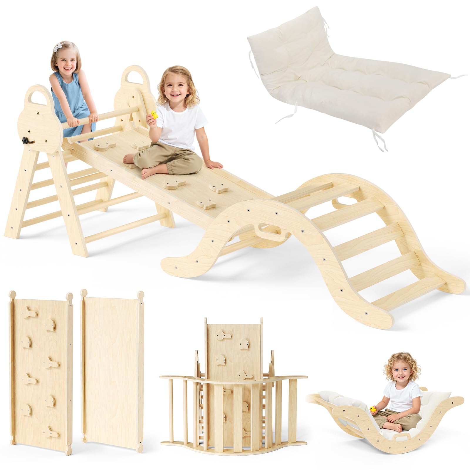 Kit de portique d'escalade Montessori 7 en 1 : triangle d'escalade d'intérieur, arche d'escalade avec coussin et toboggan, jouet d'escalade en bois, structure d'escalade pour 1 à 5 ans (3P avec