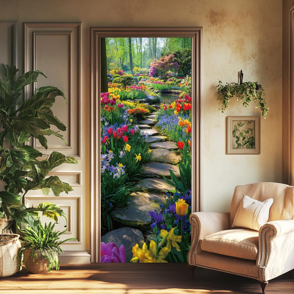Autocollant de porte PVC fleurs vertes arricraft 80x200 cm sticker amovible décoration maison