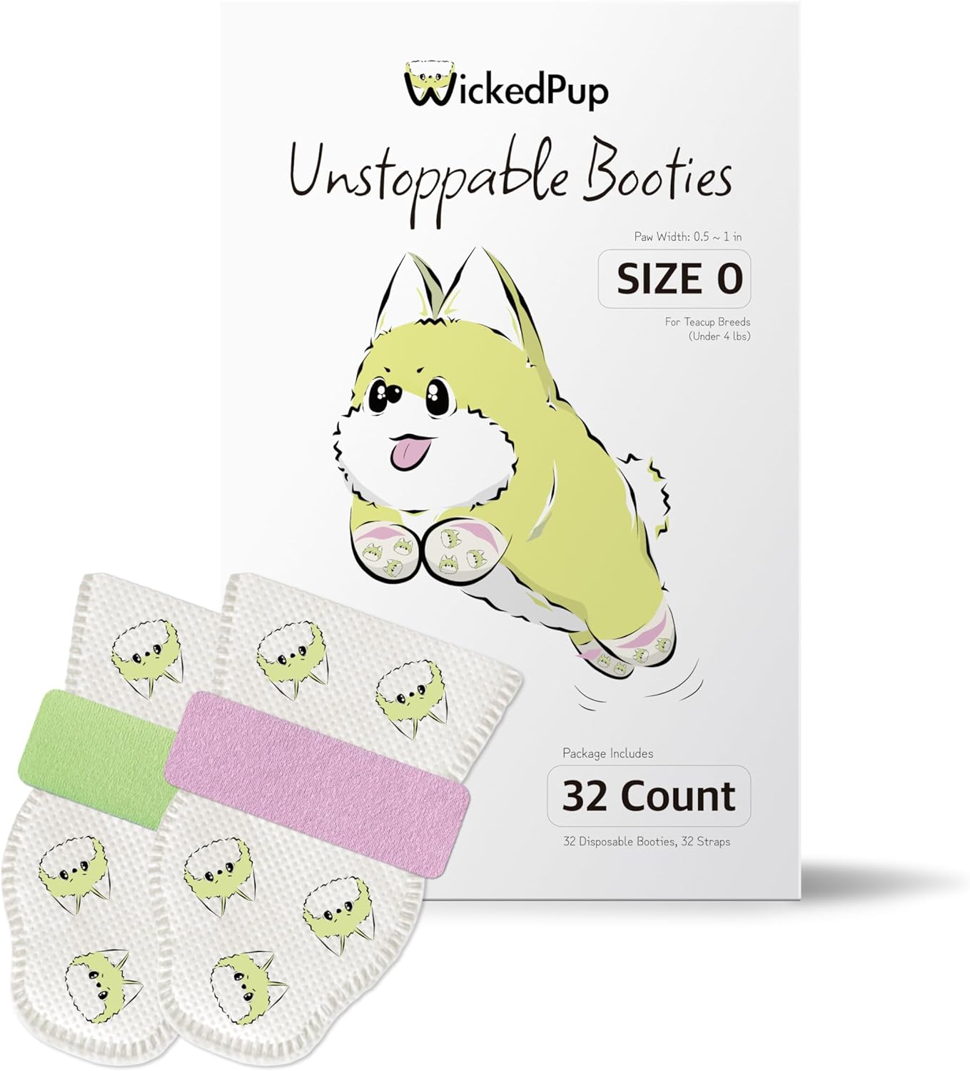 WICKEDPUP Unstoppable Booties for Dogs & Cats, 32 Count, Size 0 | Disposable Dog Boots & Paw Protectors | Breathable Puppy Shoes to Prevent Licking Paws (Size 0: Paw Width 0.5~1 inch)