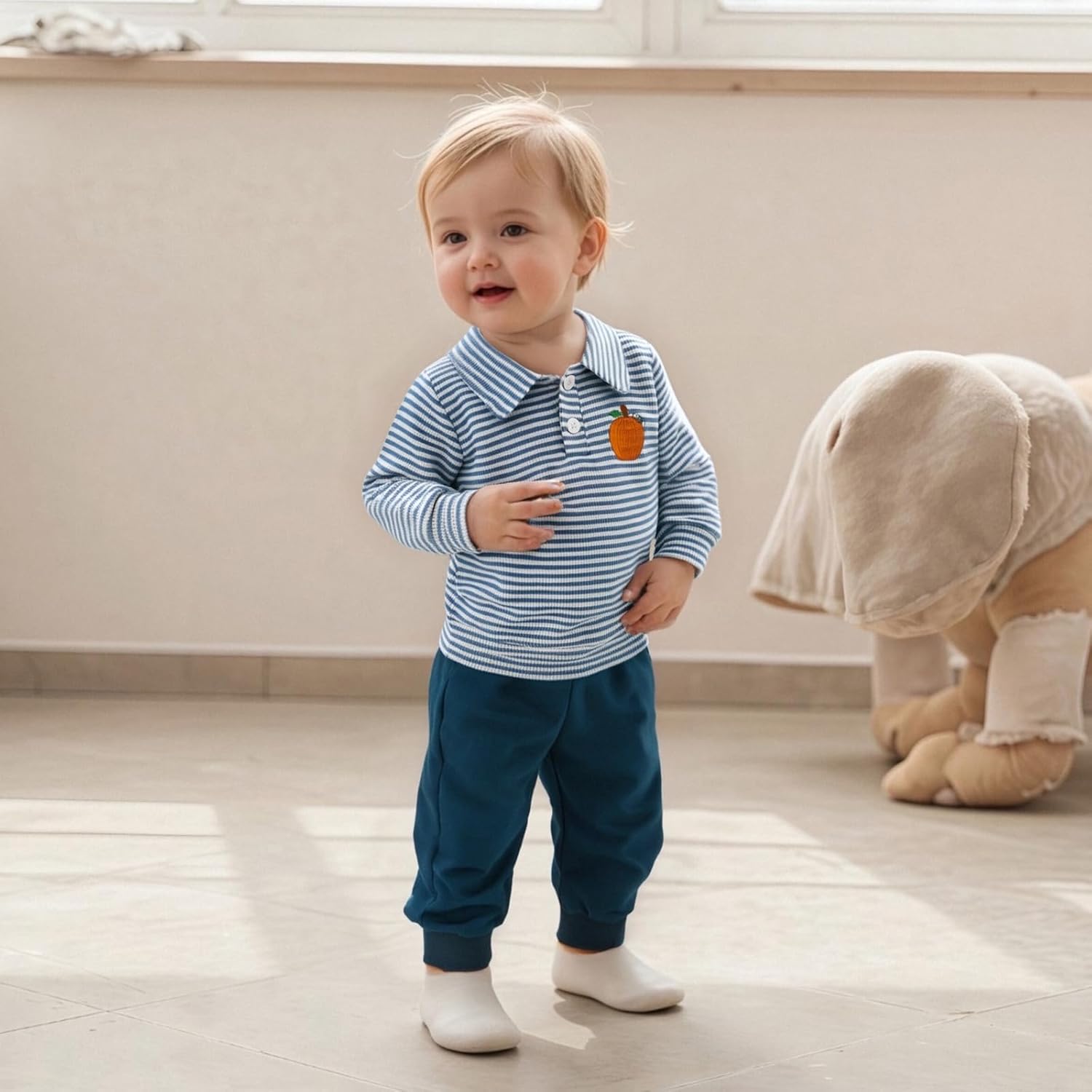 Toddler Baby Boy Halloween Outfit Pumpkin Embroidery Waffle Striped Long Sleeve Polo Shirt Button Up Pullover Top - Image 2