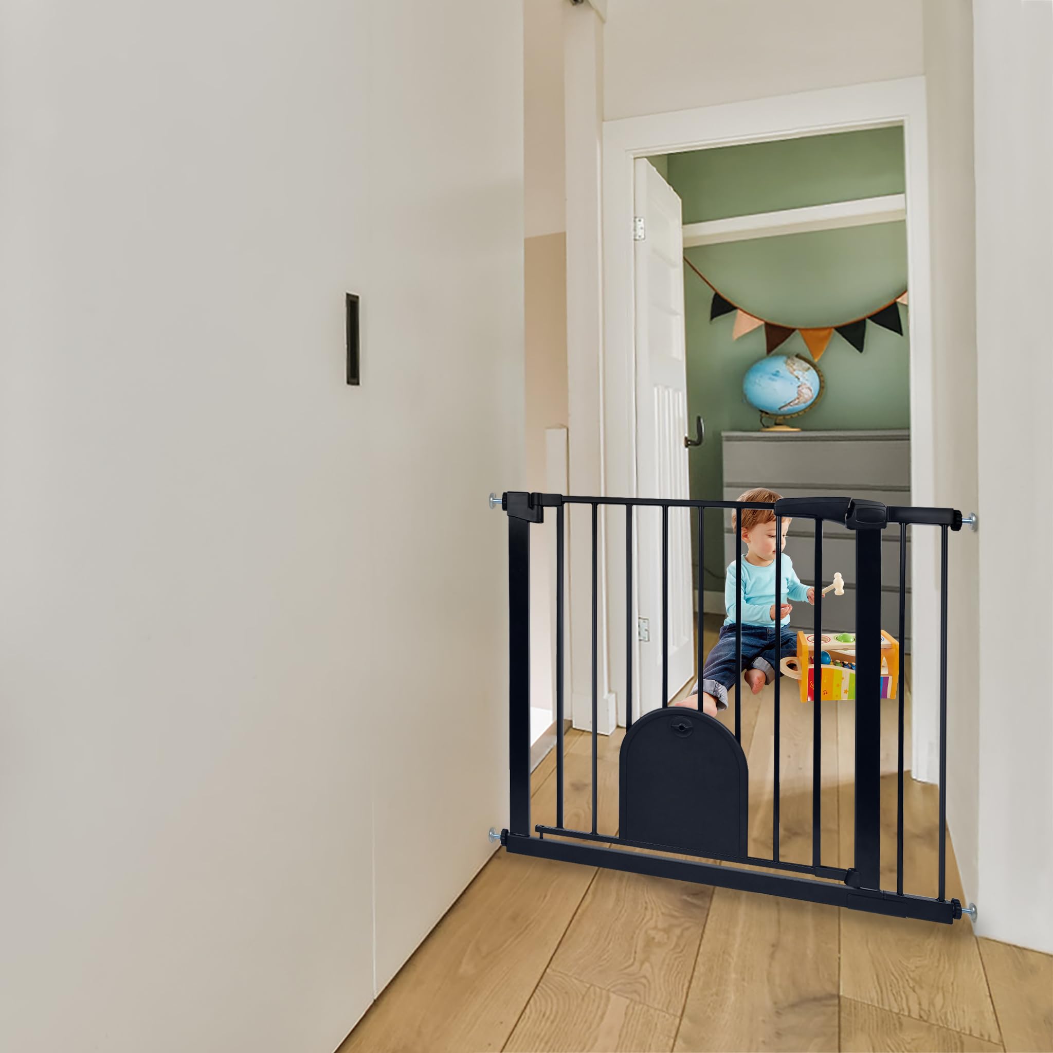 NAIZY Barrera de seguridad para niños, incluye puerta para animales, protección de escaleras N Stop Safety Gate con sin taladrar y rejilla metálica, ampliable con extensión separada, 85-95 cm de