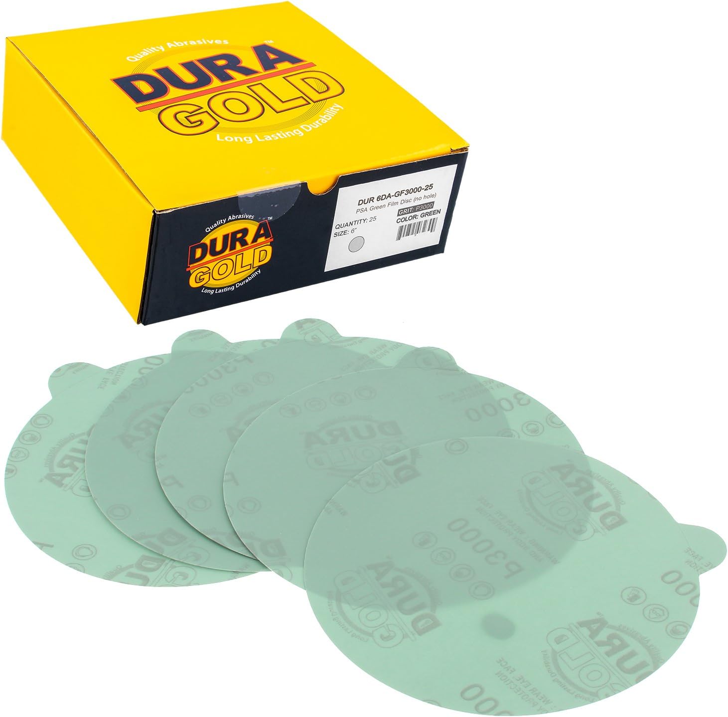 Dura-Gold Premium 6" Green Film PSA Sanding Discs - 3000 Grit (Box of 25) - Self Adhesive Stickyback Sandpaper for DA Sander, Detailing Finishing Cut Abrasive, Sand Automotive Paint Woodworking Wood