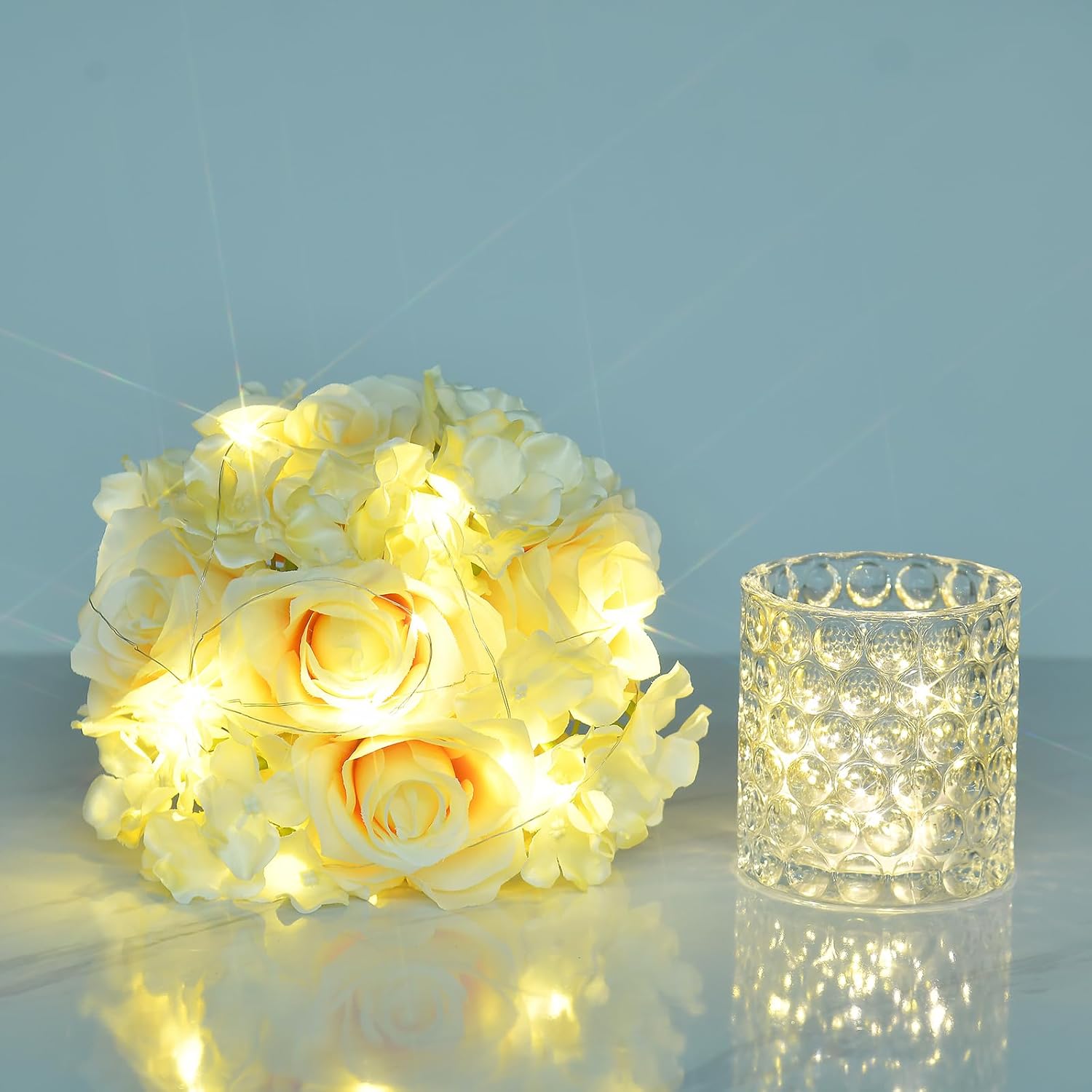 Rose Silk Flower Arrangement Artificial Vivid Rose in Glass Vase with LED Light Elegant Centerpiece for Home Wedding Bathroom Table Shelf Decoration (Champagne) - Image 6