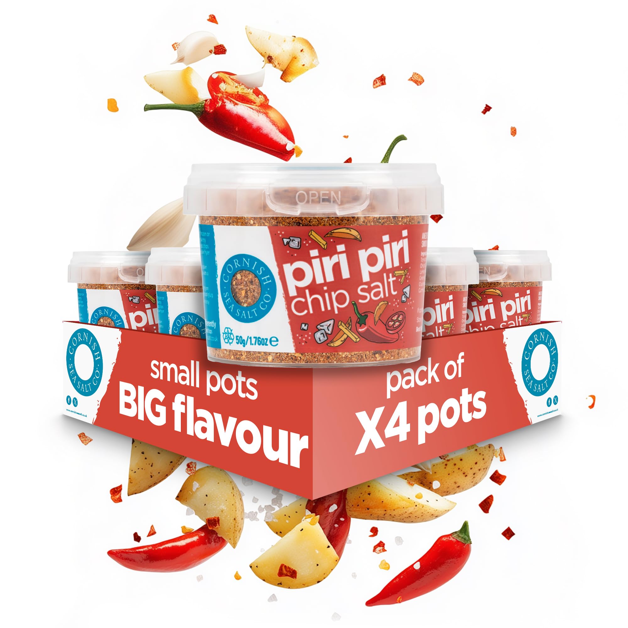 Cornish Sea Salt - Piri Piri Chip Mineral Rich Celtic Sea Salt Hand Harvested in Celtic Waters - Herbs, Spices & Seasonings - Spices for Cooking, Kitchen Accessories - 4 x 50g