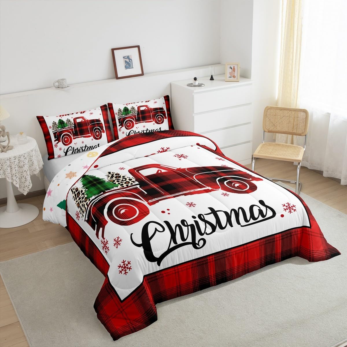 Manfei Red Truck Comforter Set Queen Size, Xmas Tree Snowflake Bedding Set 3pcs for Kids Boys Girls Bedroom Decor, Christmas Theme Red Plaid Quilt Set New Year Duvet Insert with 2 Pillowcases