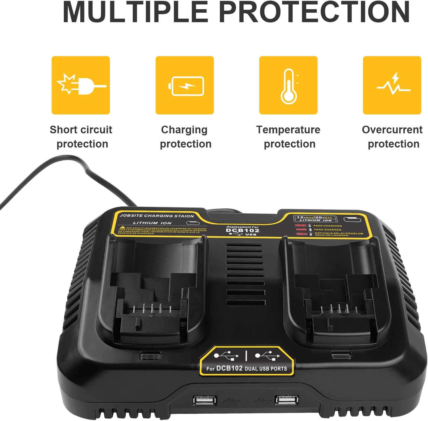 12V 20V 60V Max Battery Charger for Dewalt, DCB102 Fast Dual Charger Station Lithium ion Battery Charger DCB203 DCB204 DCB205 DCB206 DCB201 DCB120 DCB127 (2 USB Ports)