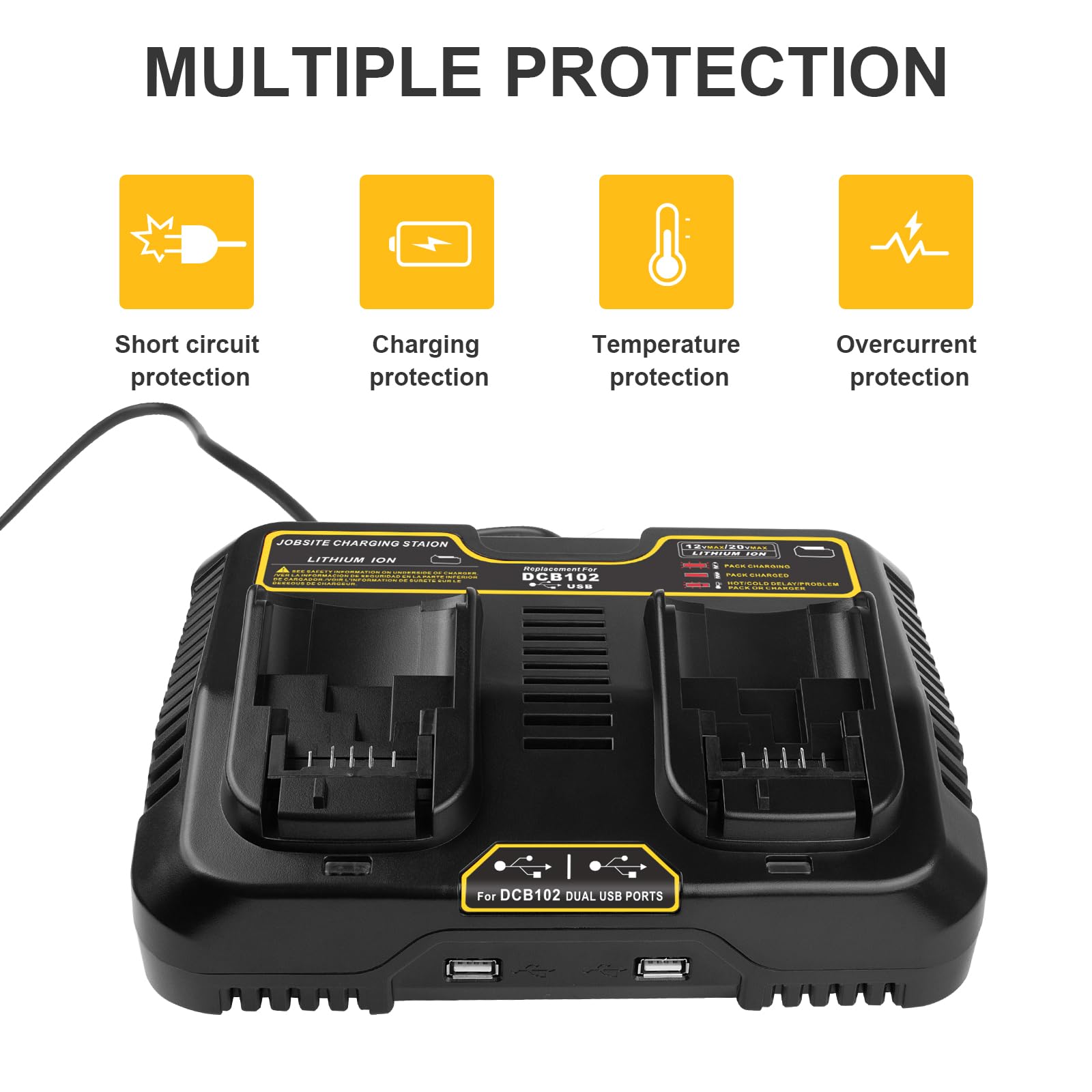 ASUNCELL 2 porte 3,0 A, caricabatterie rapido per Dewalt DCB115 18 V XR, 12 V-20 V MAX agli ioni di litio con 2 porte USB da 2,1 A per batteria Dewalt da 18 V DCB, caricatore di ricambio per serie DCB