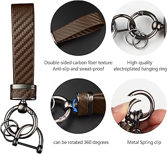 Turcee Carbon Fiber Car Keychain,Automotive Interior Accessories Keychains Leather Car Key Fob,Car Accessories Key Ring&Anti-Lost D-Ring(Brown)