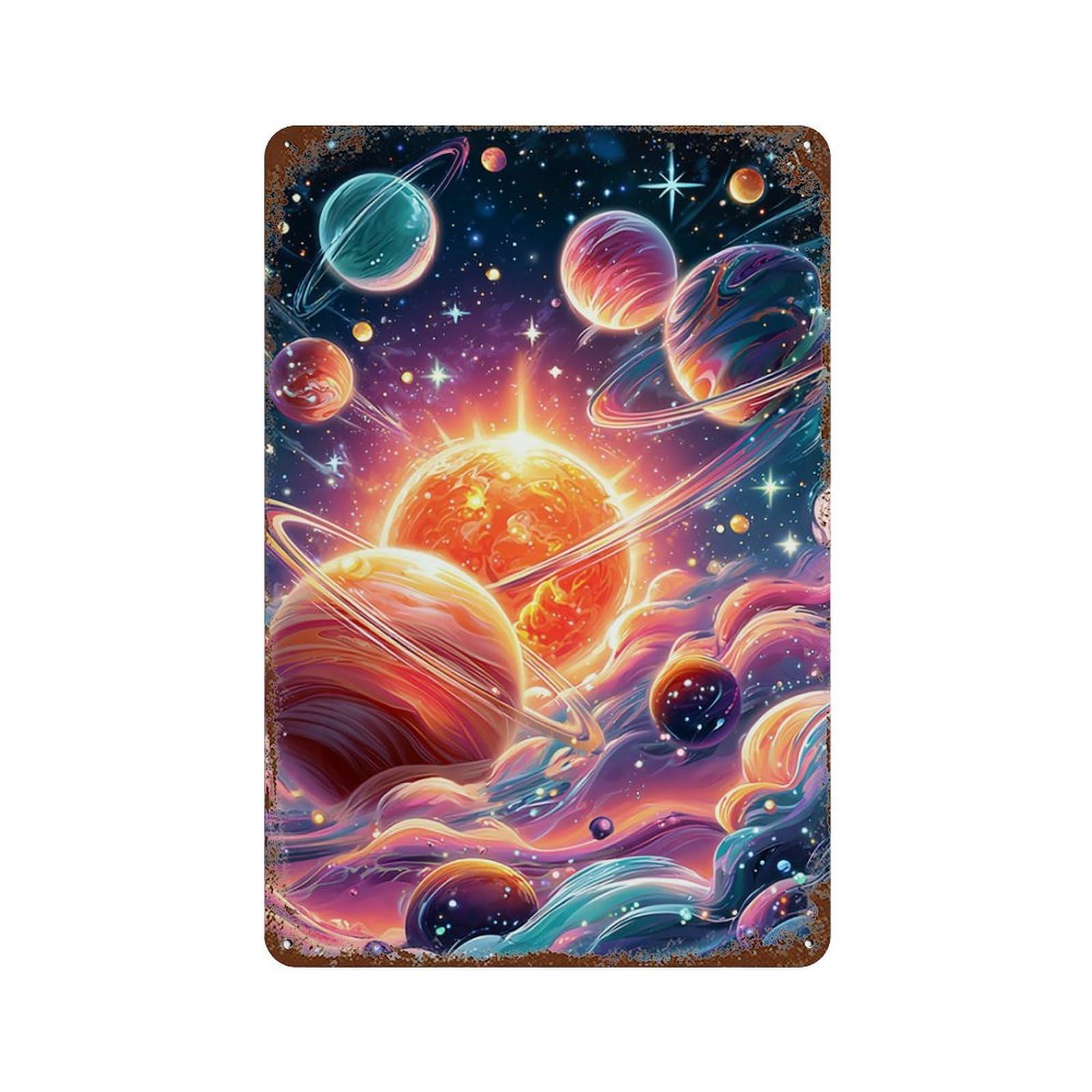 Cosmic Planets in Space-4 Rustic Tin Plaque 11.8"x7.9", for Pub, Kitchen And Man Cave Decor, Vintage Wall Decor