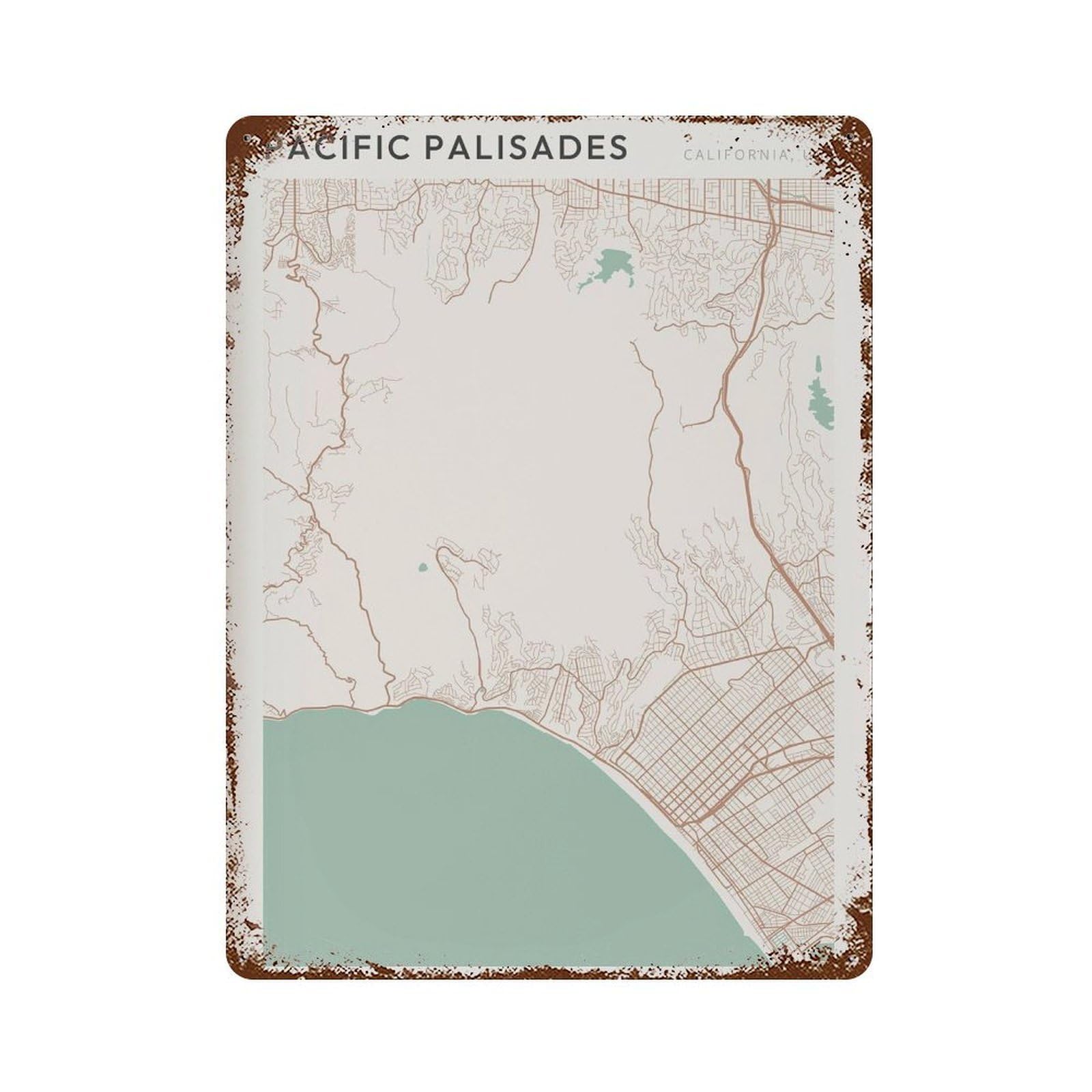 xiaoxiaoshen Pacific Palisades Map California Scandi Wall Decor Art Metal Tin Poster Modern Home Decor Art Home Bar Shop Decorations Vintage Sign 40x30cm