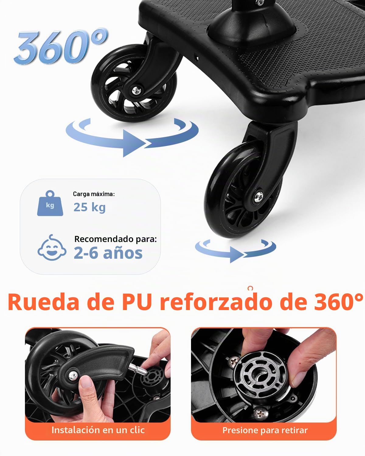 Vihir Patinete Carro Bebe Universal, Tabla de Cochecito con Asiento, Buggy Board Para el Segundo Niño, Accesorio Para Niños de 2 a 6 Nños (25 kg), Mejora total