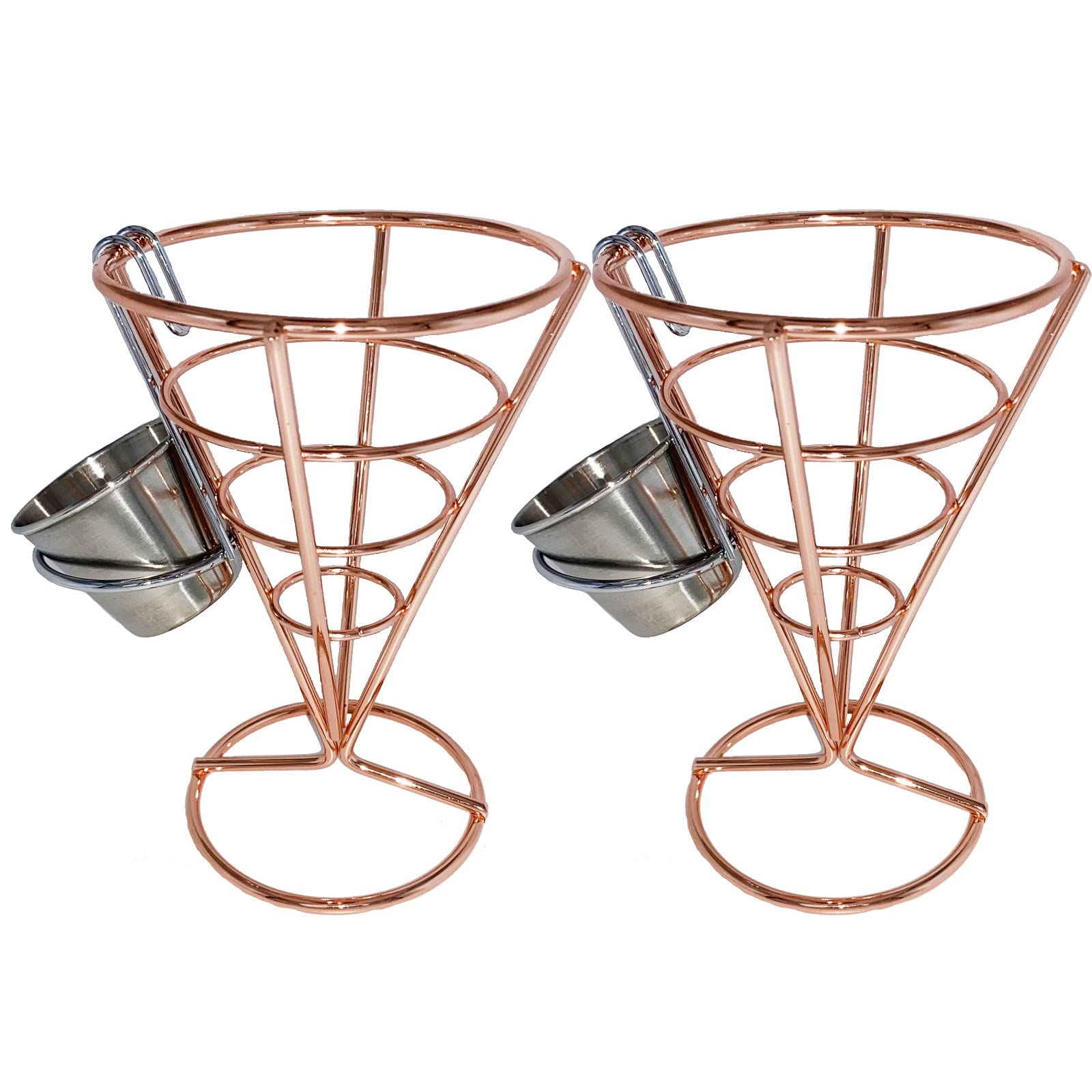 MIAO JIN 2Pcs French Fries Stand Cone Basket Fry Holder with Sauce Dippers Metal Cone Snack Fried Chicken Display Rack Wire Stands for Kitchen Restaurant Party Supplies (Rose Gold)