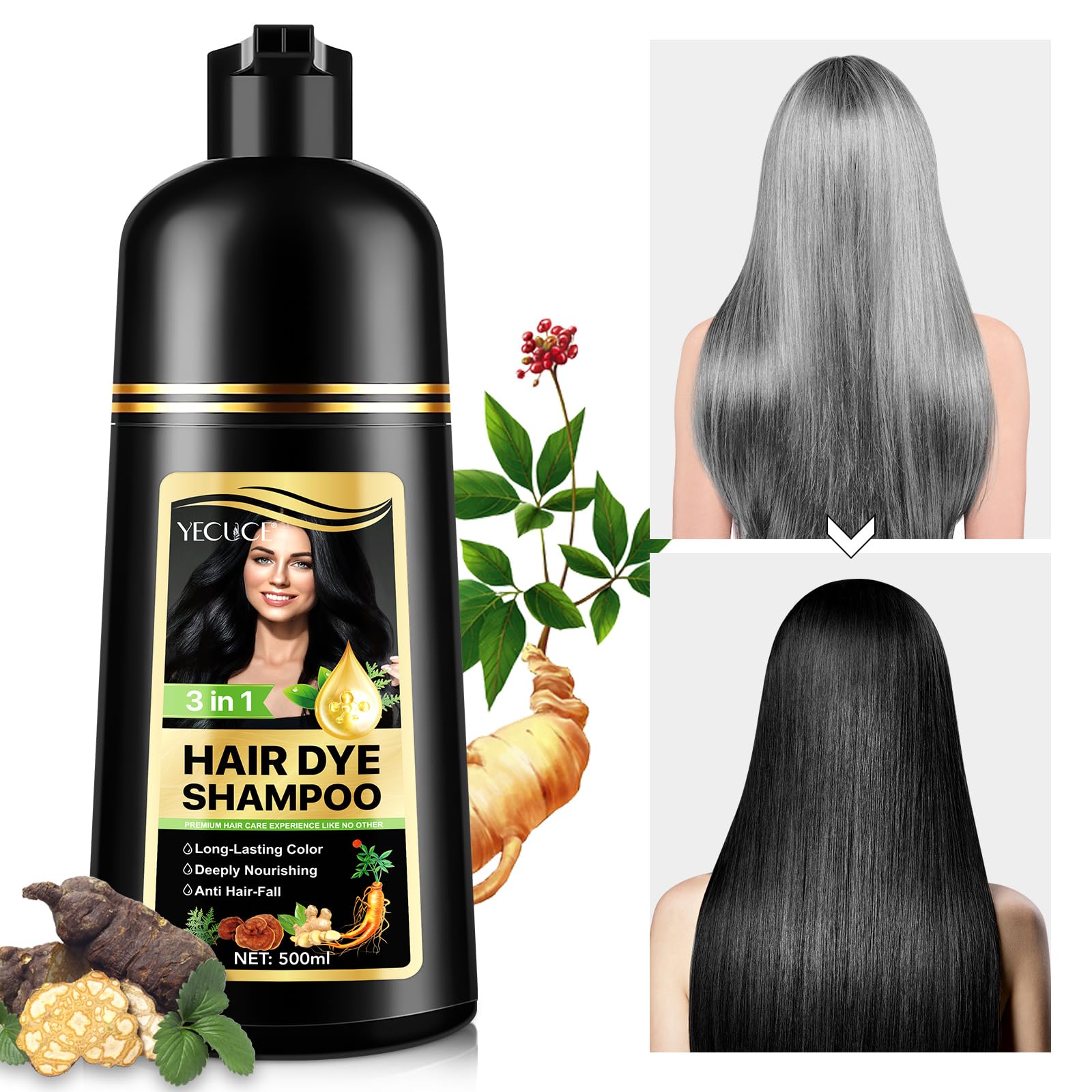 Haarfarben-Shampoo für graues Haar, 3-in-1, pflanzlich, für Damen und Herren, Färben in wenigen Minuten, 01-Schwarz, 500 ml