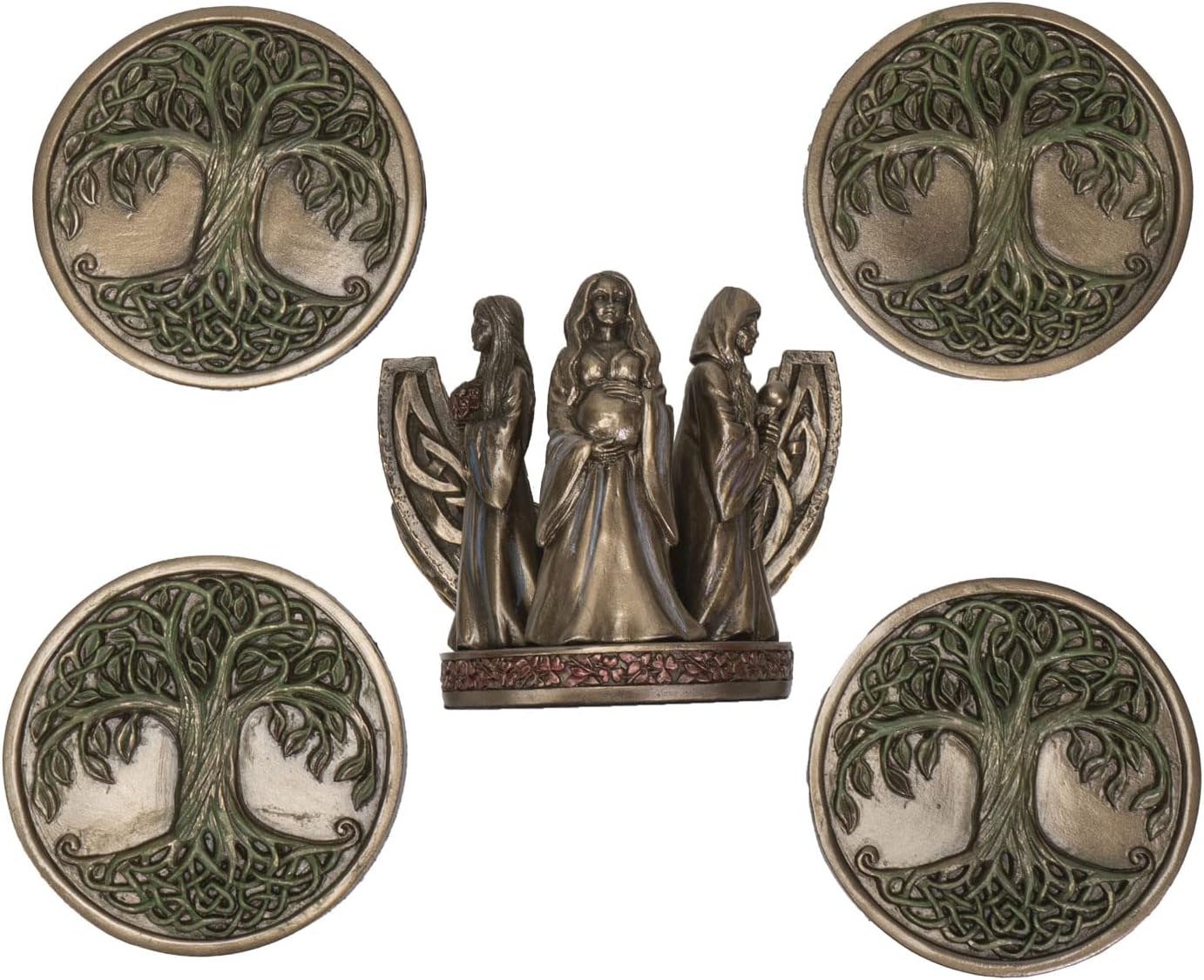 Summit Collection Sacred Moon Mother Maiden Crone Triple Goddesses Tree of Life Coasters Set 4 Pc Holder Wiccan Decor