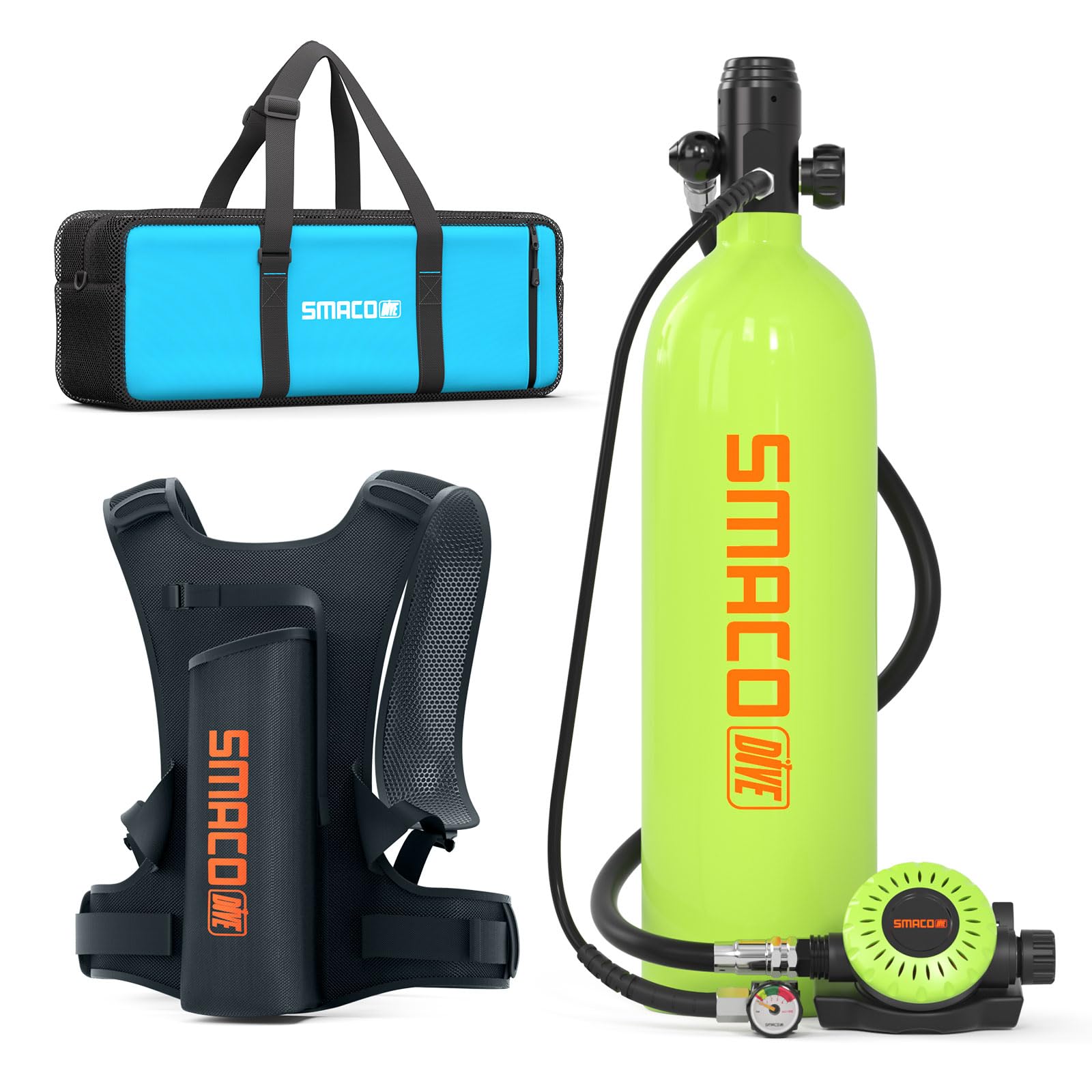 SMACO S700 Mini Scuba Tank 1.9L Portable Diving Tank Reusable Pony Bottle up to 30 Minutes Dive Time Backup Lung Air Tank Kit Diving Oxygen Cylinder for Snorkeling Underwater Exploration Rescue