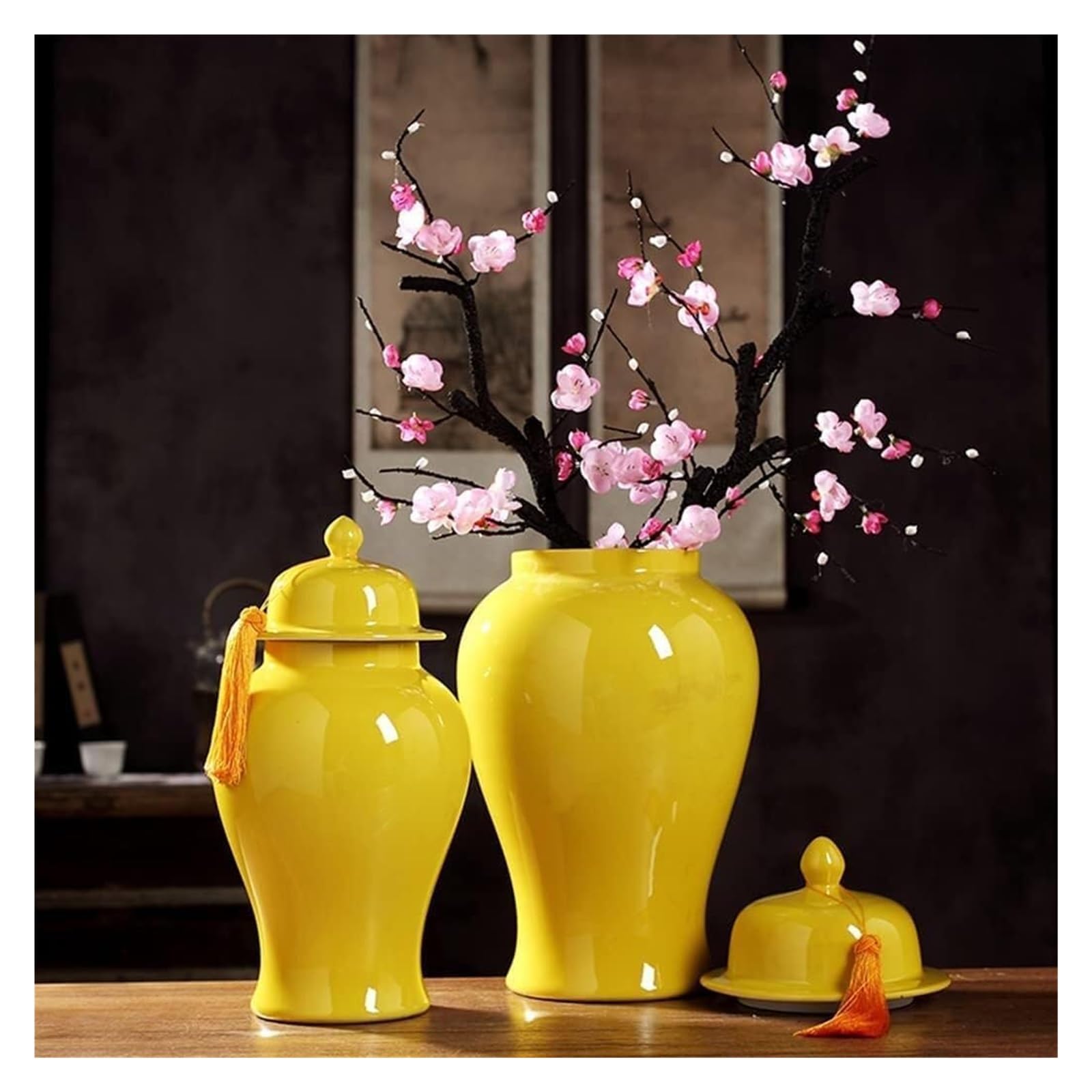 Wazon ceramiczny wazon słoik imbirowy wazon słoik na kwiaty ceramiczny słoik imbirowy z pokrywką żółte porcelanowe słoiki słoik na świątynię z pokrywkami wazon na kwiaty (szary wilk 18,5 x 35