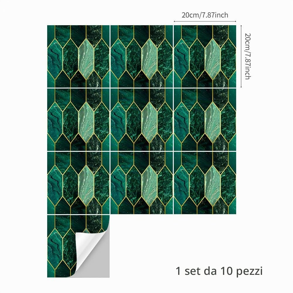 Alwayspon Piastrelle adesive da parete autoadesive, impermeabili, in PCV, per soggiorno, cucina, bagno, decorazione per la casa, 20 x 20 cm, doratura verde, 30 pezzi