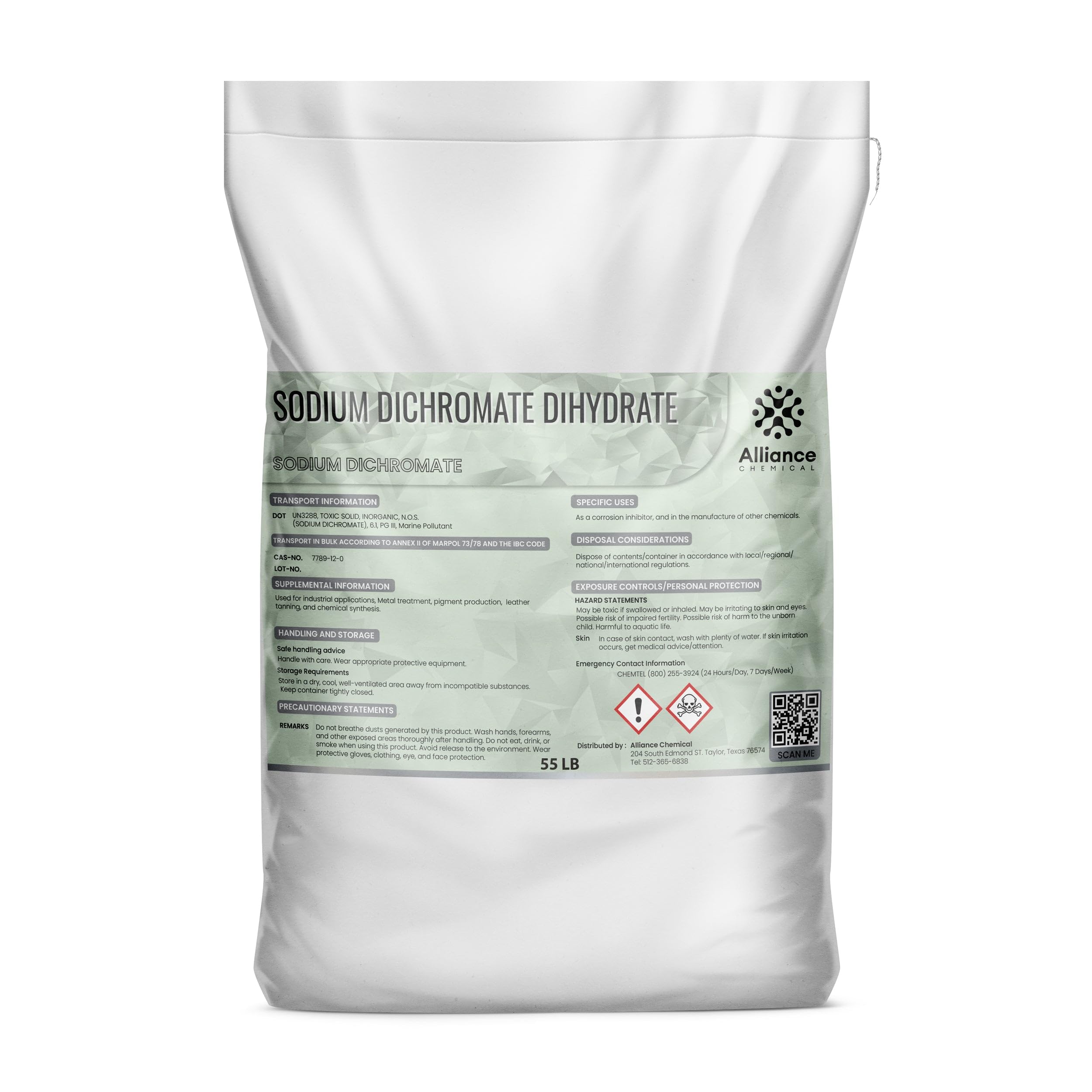 Sodium Dichromate Dihydrate - 1 Pack (55 lbs.) – for Industrial Cleaning, Oxidation, Metal Surface Treatment, Corrosion Inhibition, and Chemical Synthesis