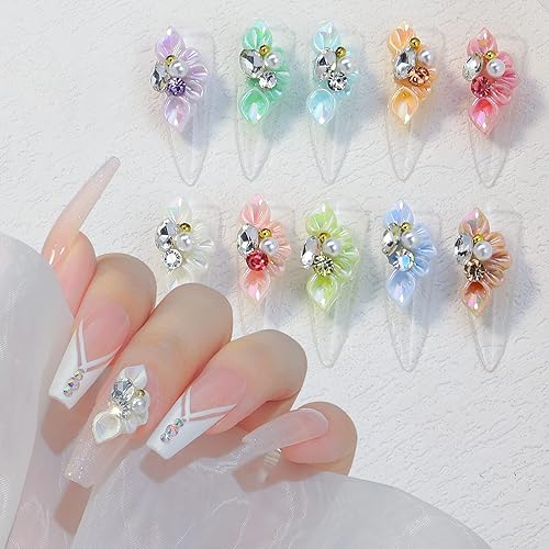 Miniatura 6 de XEAOHESY 20 dijes de flores 3D para uñas, gemas y diamantes de imitación para uñas, incrustaciones de perlas, cuentas de cristales, flores acrílicas
