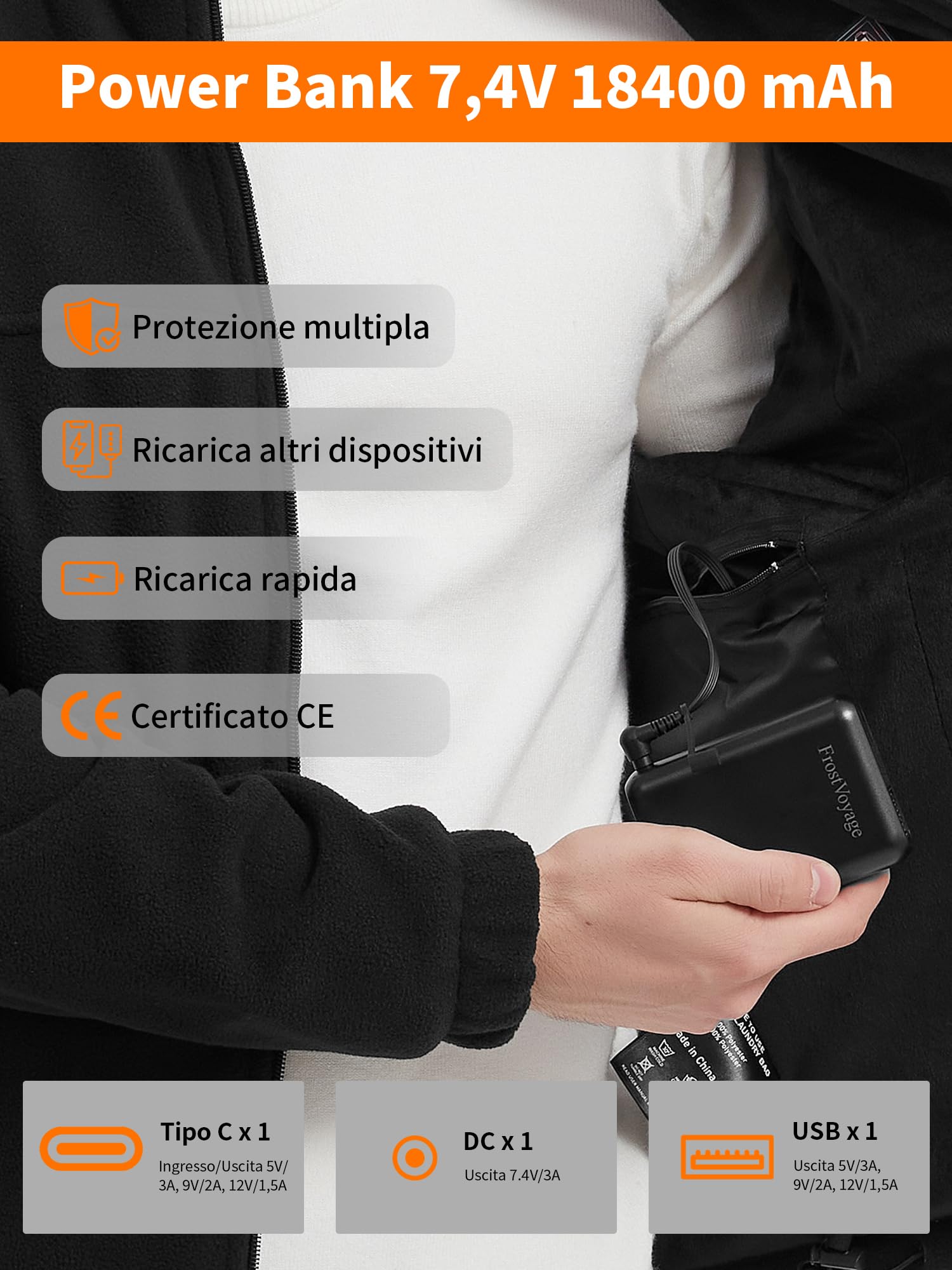 Giacca Riscaldata Uomo con Batteria 18400 mAh, Giubbotto Gilet Pile Riscaldato Uomo con Power Bank, Invernale Abbigliamento Riscaldato Lavoro Moto, 10 Zone di Riscaldamento