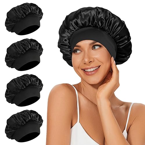 4 gorros de satén de seda, gorro de pelo para dormir, banda ancha elástica de seda para dormir, suave y transpirable