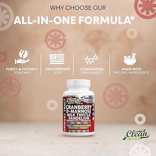 Miniatura 7 de Clean Nutra Cran Flow - Arándano, D-manosa, cardo mariano y diente de león - Mezcla de hierbas todo en uno premium - 60 cápsulas - Suplementos Nutra