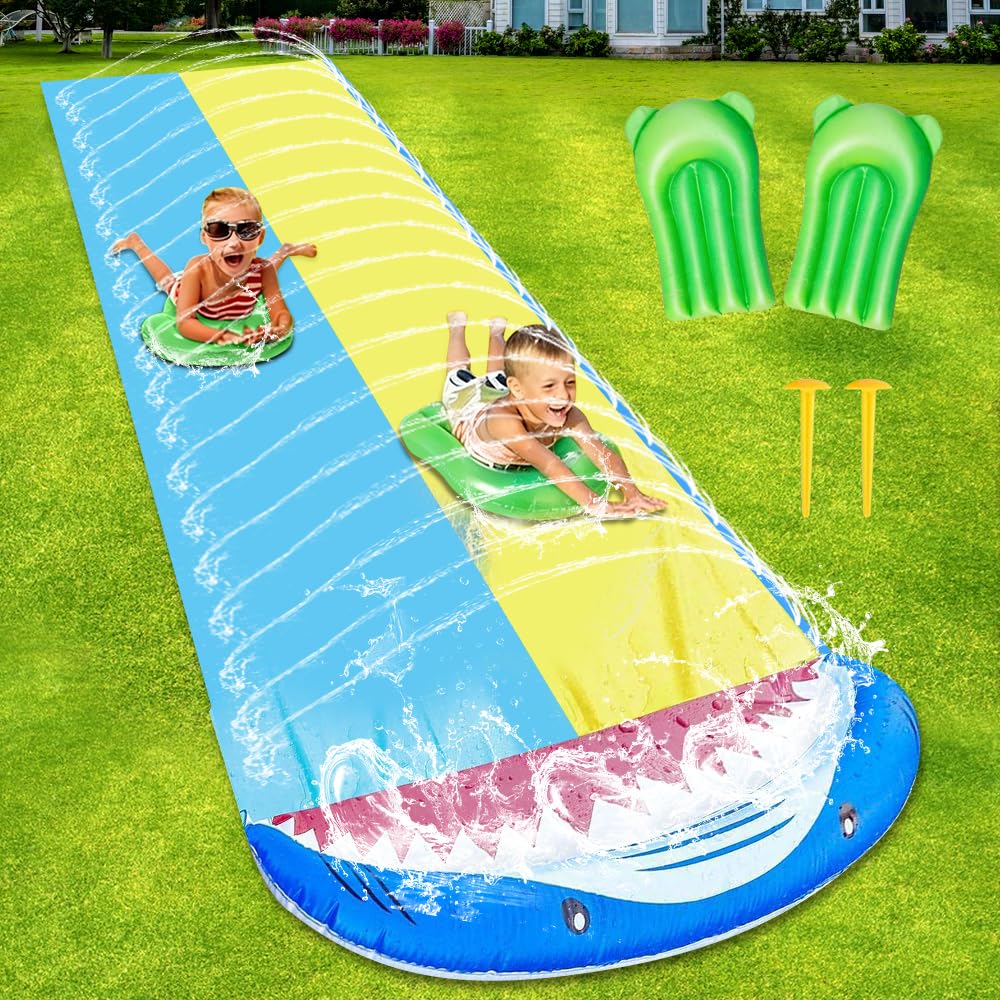 480 x 140 cm Wasserrutsche Garten für Kinder, Wasserrutsche Kinder Draußen, Wasserrutsche Aufblasbare mit 2 Bodyboards, Wasserspielzeug mit Eingebautem Sprinkler für Kinder, Erwachsene, Outdoor