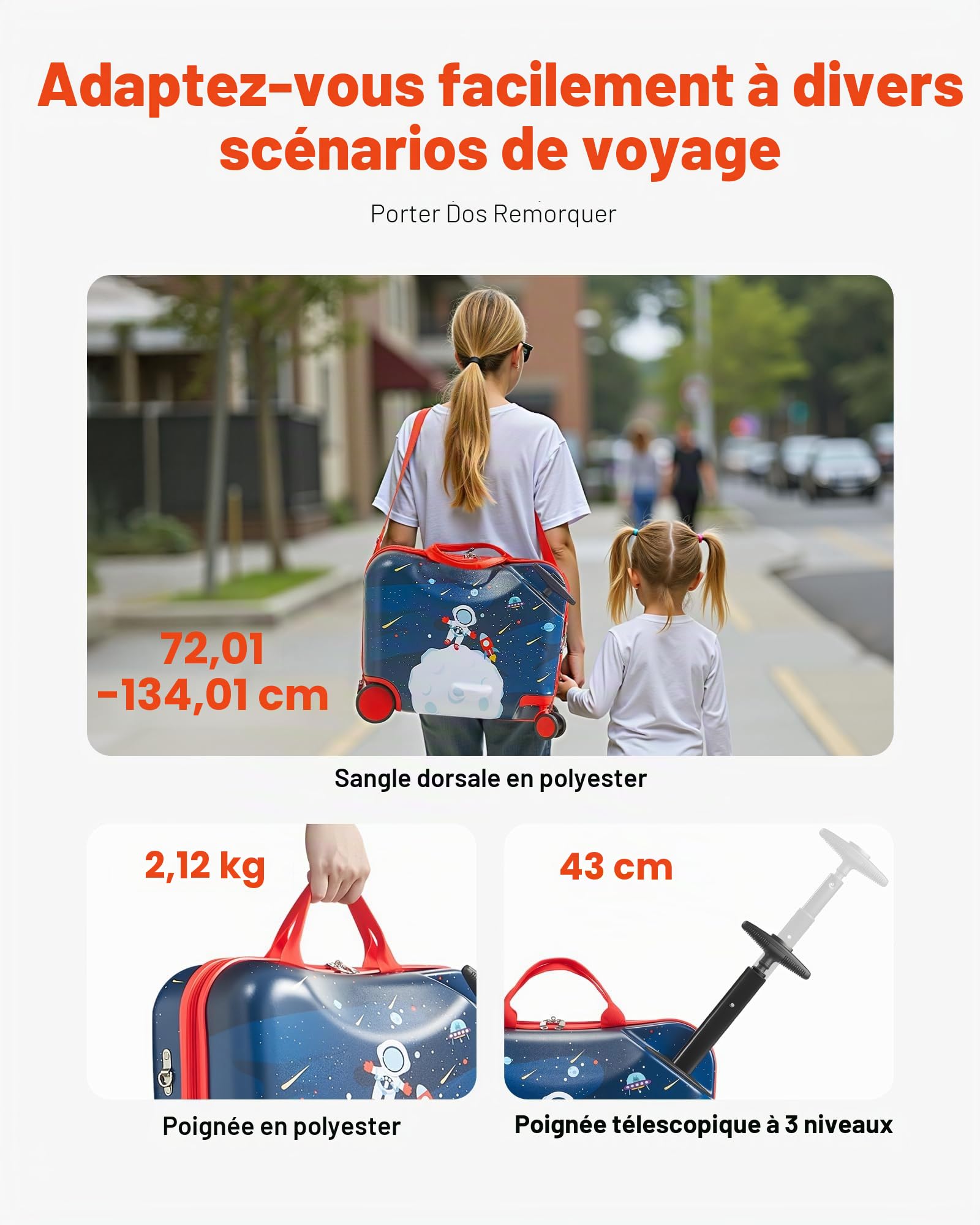 VEVOR Valise à roulettes Enfant, Capacité 26 L, Bagage à roulettes, Charge 50 kg, avec Bandoulière Réglable, Poignée Renforcée, Conception Légère, pour Voyages Enfants Garçons Filles de 3 Ans et Plus