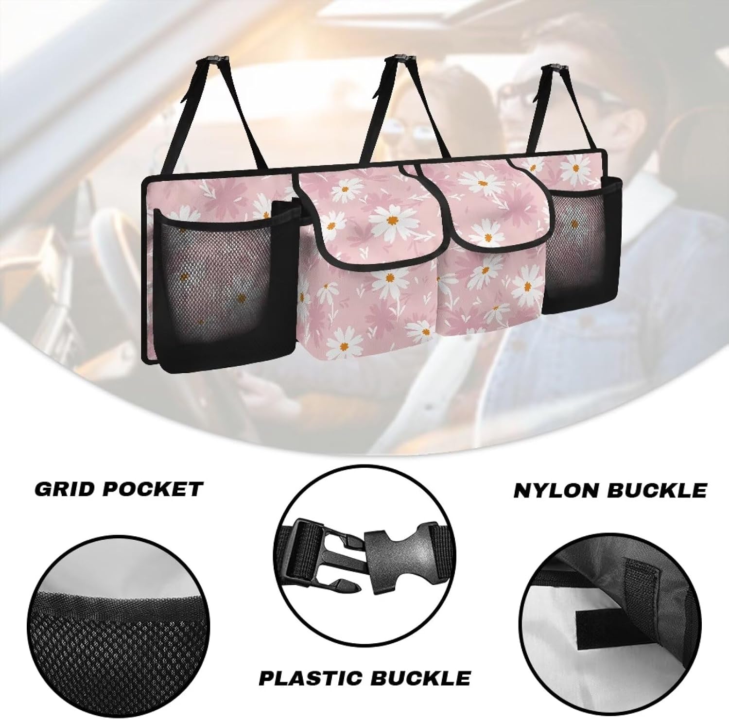 Daisy Printed Trunk Organizer for Car Foldable Trunk Storage Organizer with 4 Pocket & 3 Adjustable Straps Wear-Resistant Oxford Fabric Multipurpose Cargo Bag