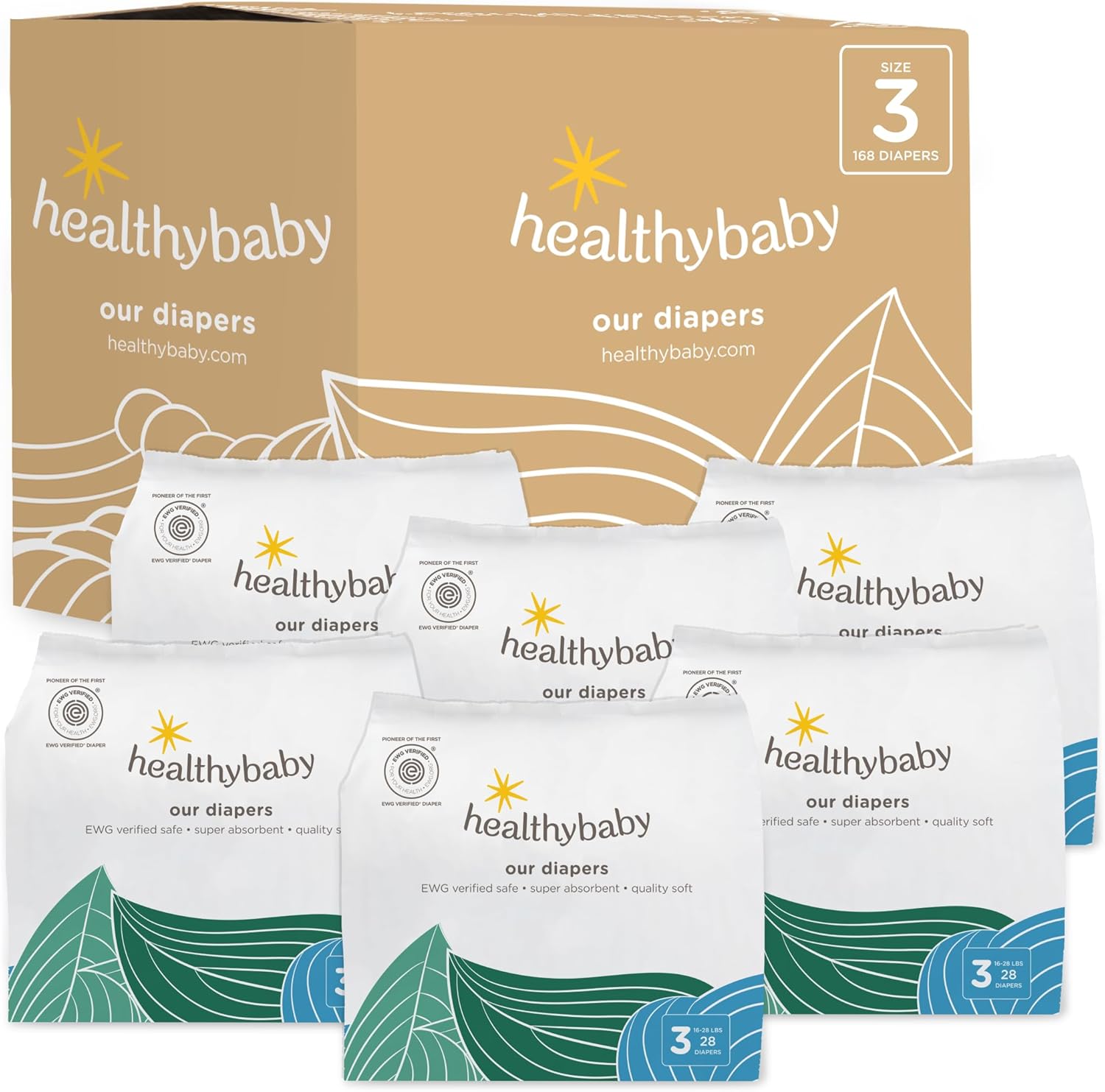 Our Diapers | The First EWG Verified & Microbiome-Friendly Diaper | 12-Hour Leak Protection | Made with Organic Cotton & Plant-Derived Materials | Totally Chlorine Free | Size 3 (16-28 lbs) 168 Count
