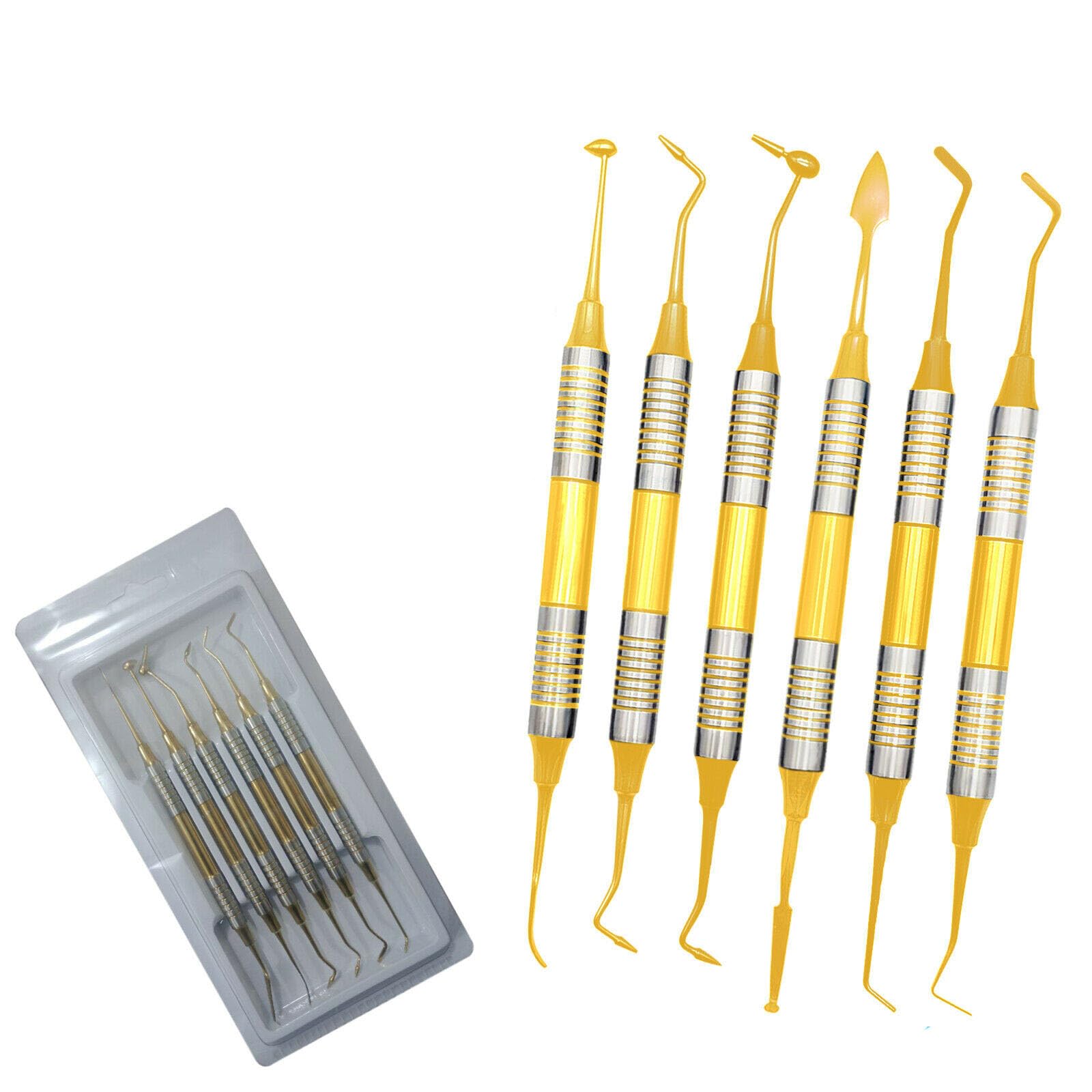 YNR Kit di 6 strumenti di posizionamento composito antiaderenti per rifornimento dentale, rivestimento in titanio dorato, kit CE