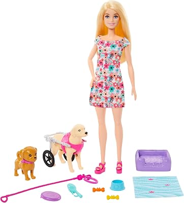 Barbie – Playset con bambola Barbie, 2 cuccioli e tanti accessori per gli animali inclusi, 1 cucciolo in carrozzina rimovibile con ruote funzionanti, giocattolo per bambini, 3+ anni, HTK37